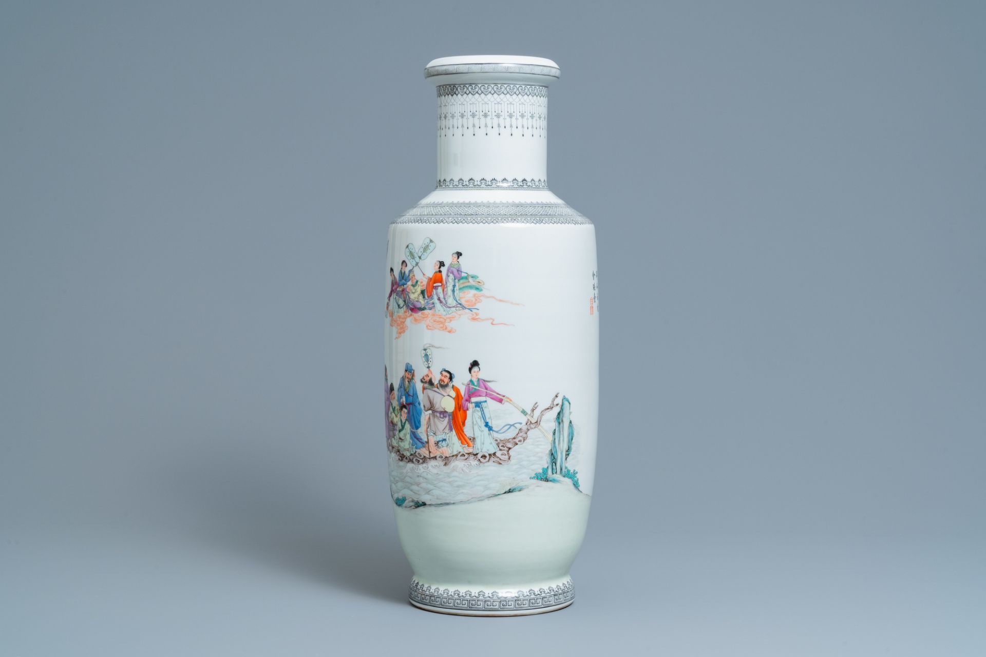 A Chinese famille rose rouleau vase with figures in a garden, Republic - Image 4 of 6