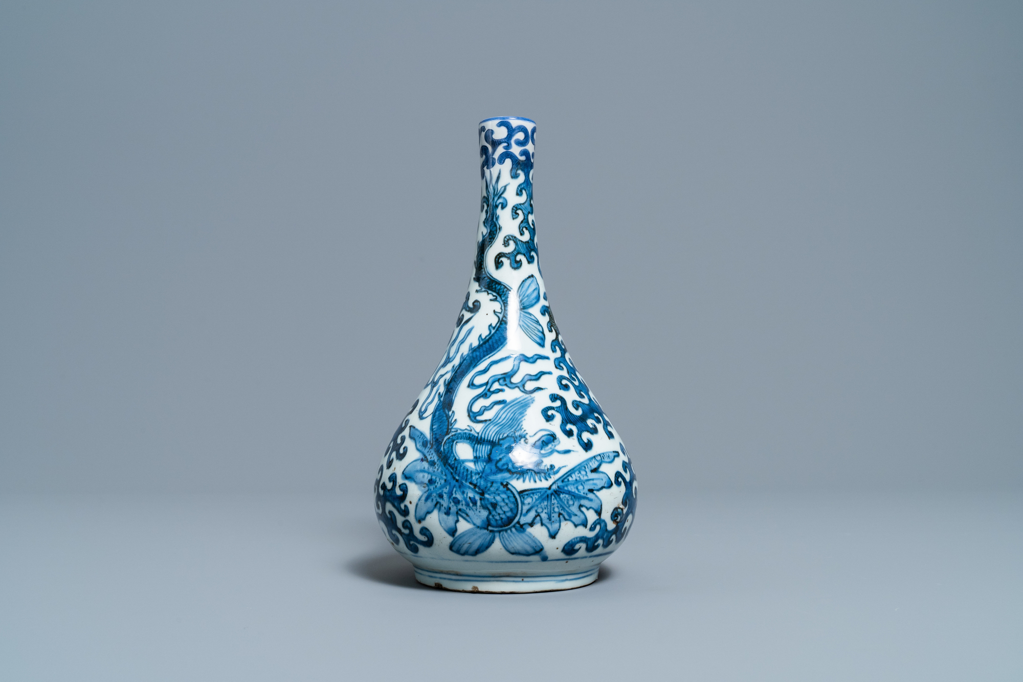 A Chinese blue and white 'sea dragons' bottle vase, Wanli