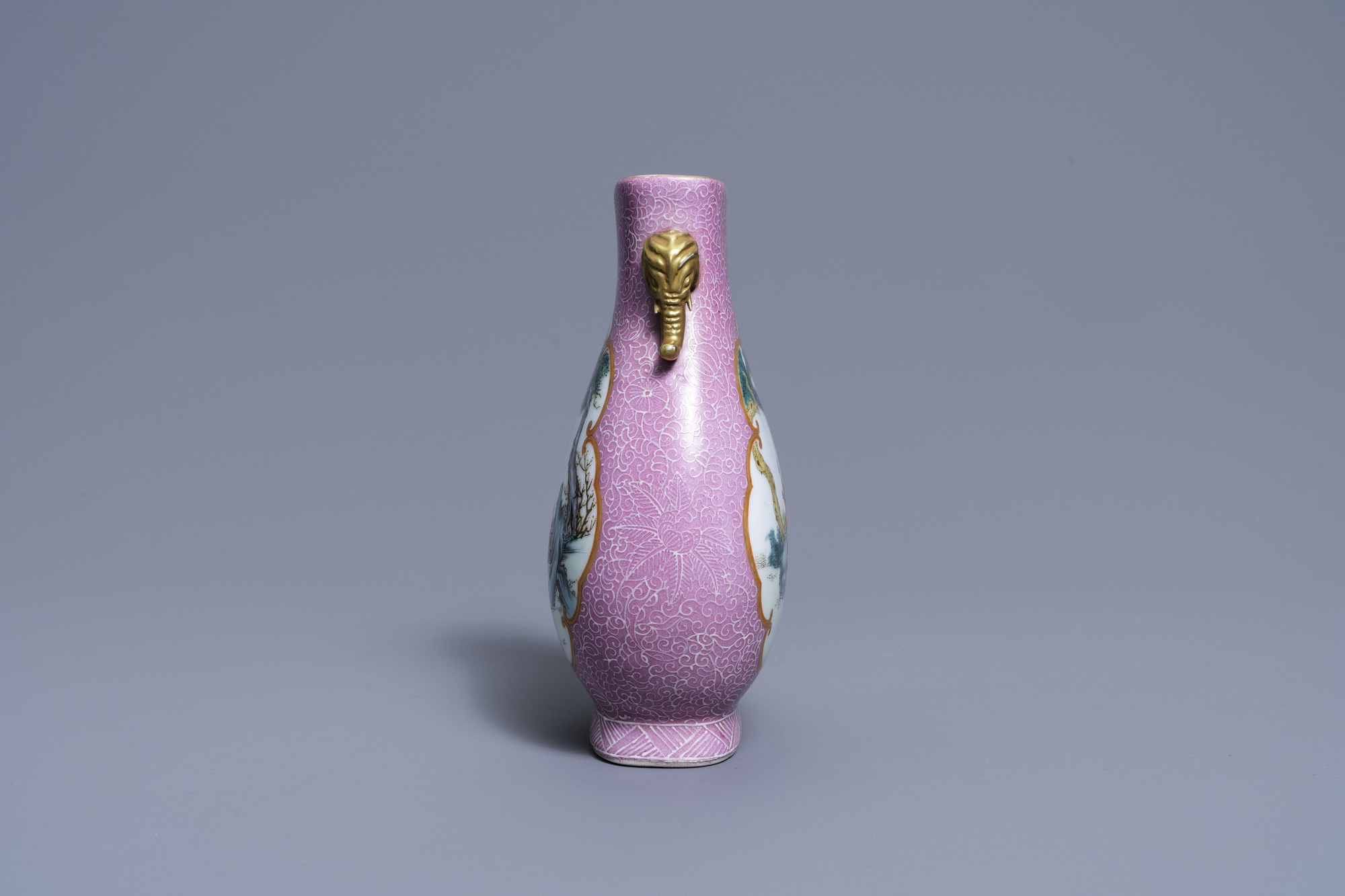 A Chinese pink-ground famille rose 'hu' vase, Jiaqing mark, Republic - Image 2 of 6