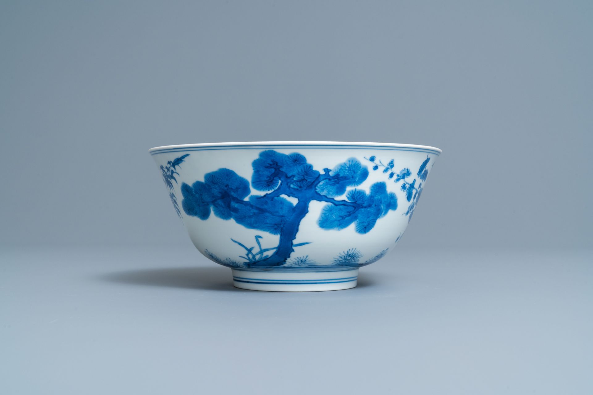 A Chinese blue and white 'Three friends of winter' bowl, Kangxi mark and of the period - Image 4 of 7