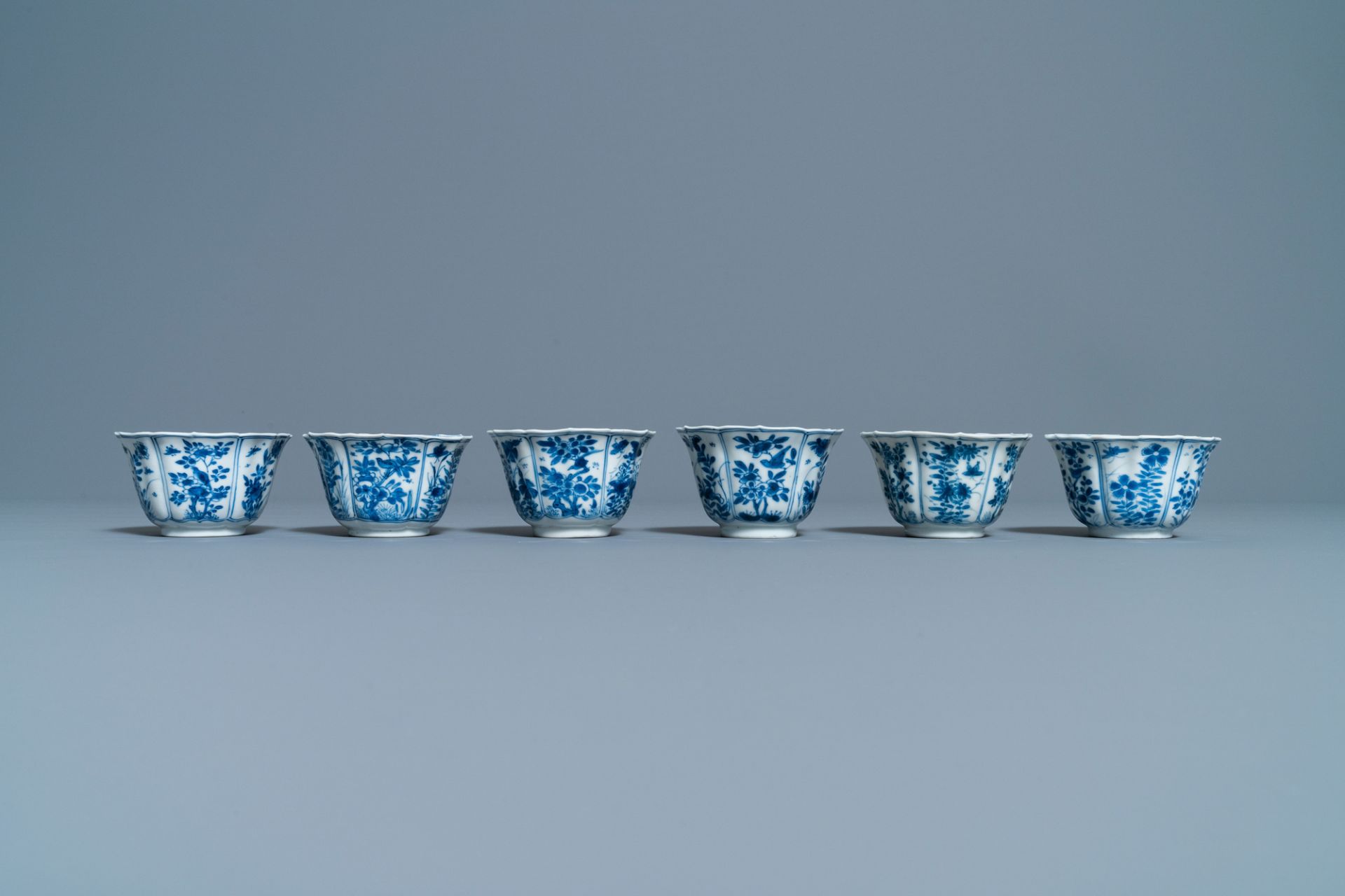 Six Chinese blue and white cups and saucers, Kangxi - Image 8 of 11