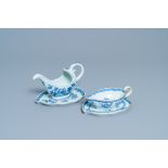 Two Chinese blue and white sauceboats on stands, Qianlong