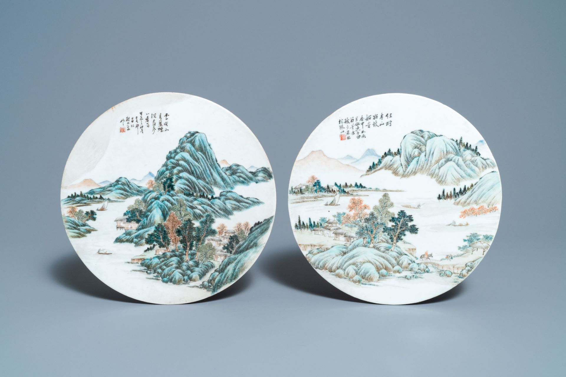 Two round Chinese qianjiang cai 'landscape' plaques, signed Ao Shaoquan and dated 1904 - Image 2 of 3