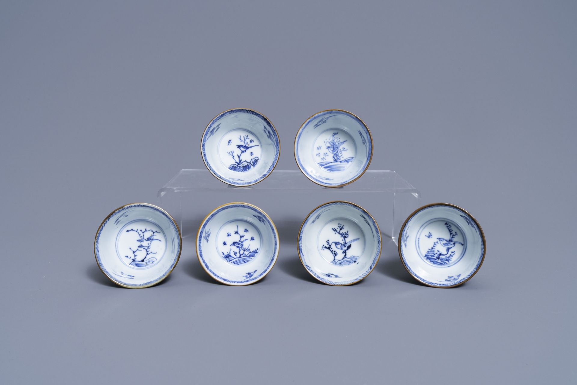 Six Chinese blue, white and copper-red cups and saucers, Kangxi - Image 8 of 9