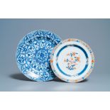 A Chinese blue and white 'lotus' dish and a famille verte dish, Kangxi