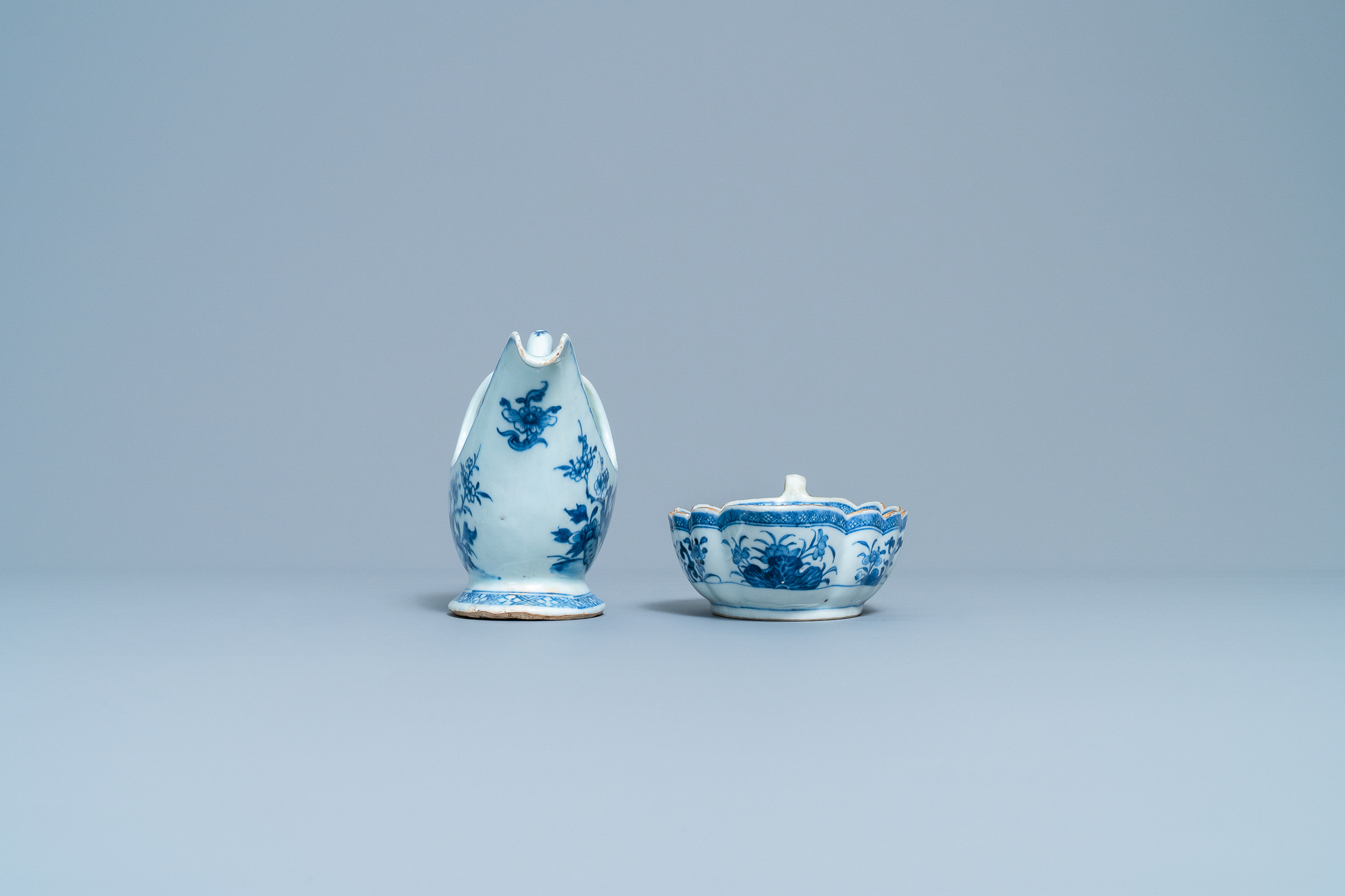 Two Chinese blue and white sauceboats on stands, Qianlong - Image 5 of 10