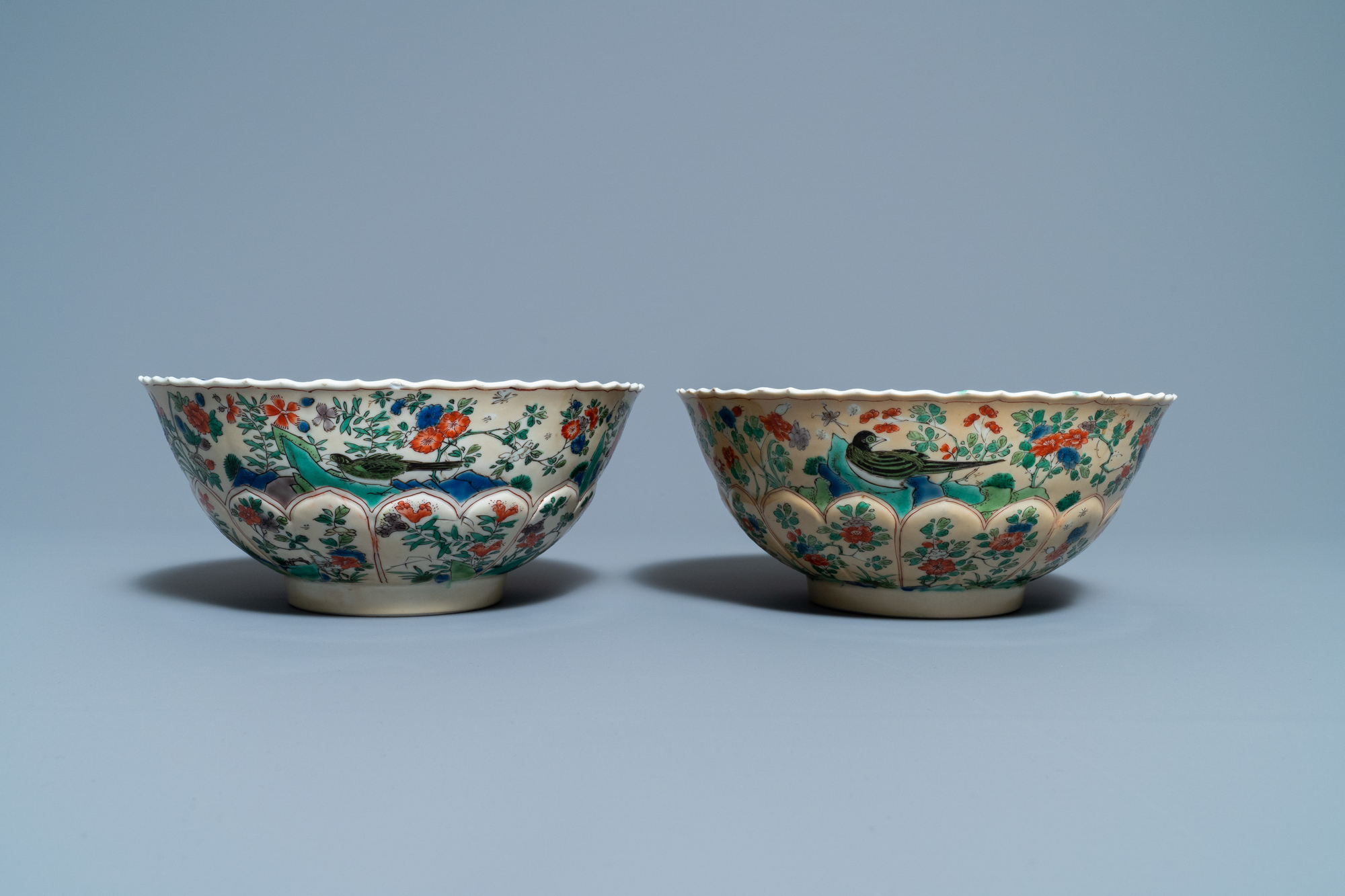 A pair of Chinese famille verte cafe-au-lait-ground lotus-molded bowls, Kangxi - Image 5 of 8