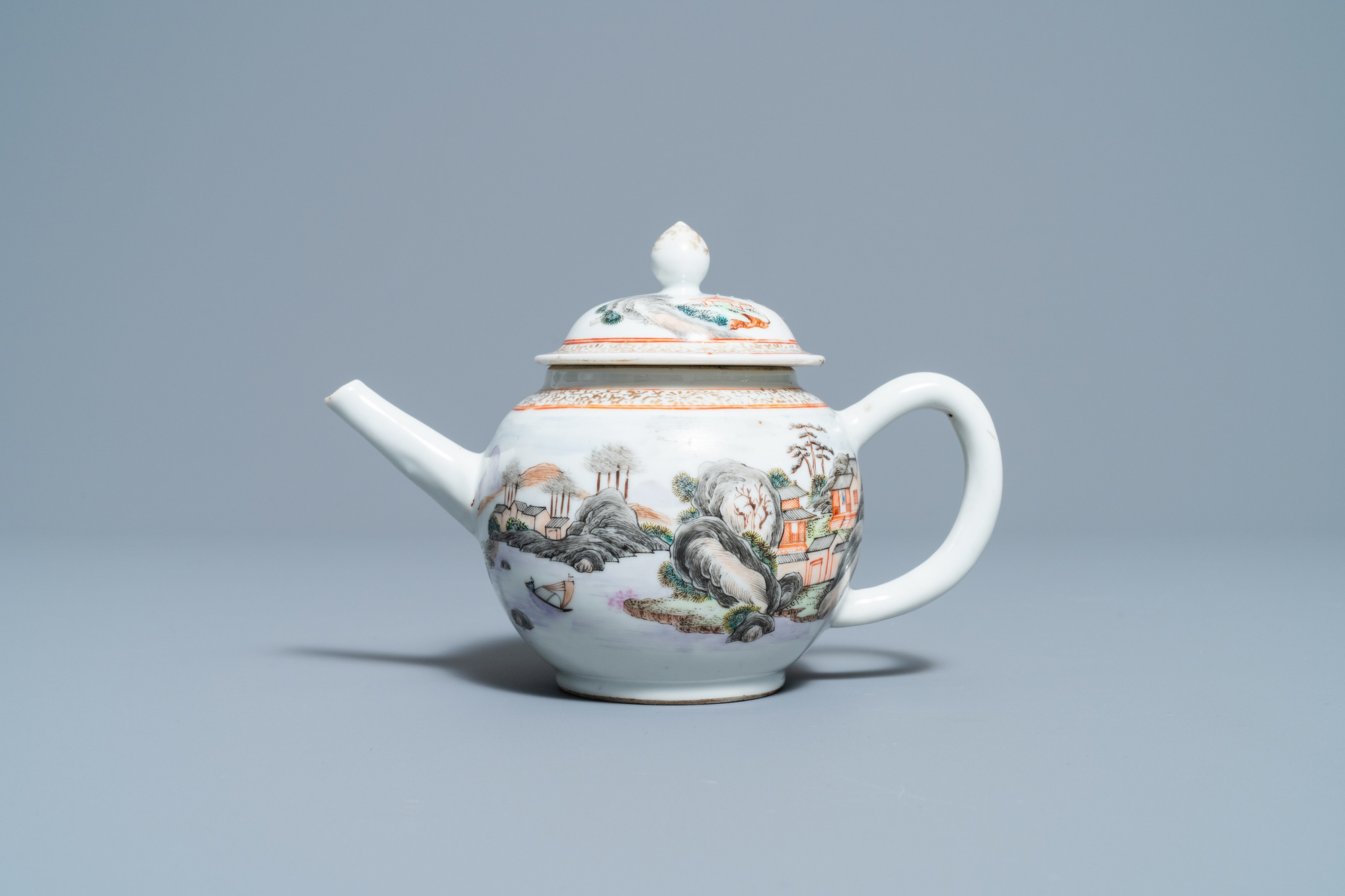 A fine Chinese 'landscape' teapot and a pair of cups and saucers, Yongzheng - Image 10 of 15