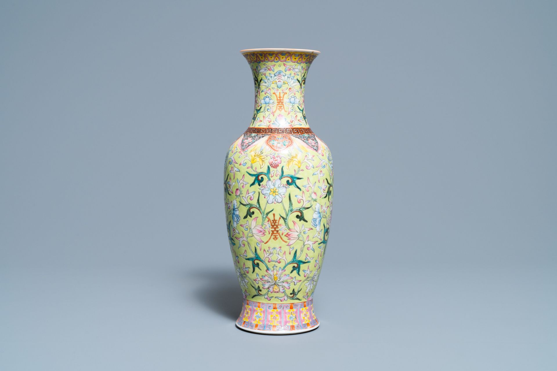 A Chinese famille rose lime green-ground vase, Qianlong mark, Republic - Image 3 of 6