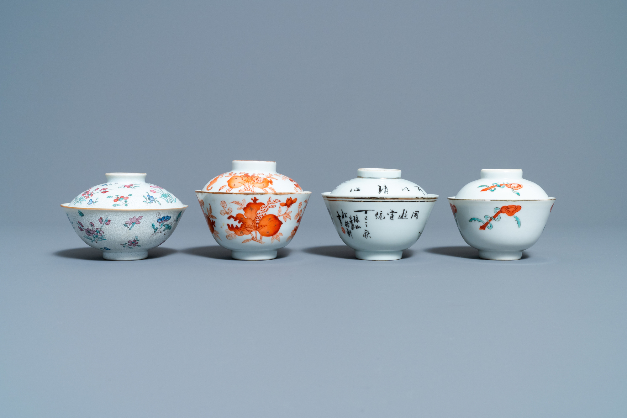 Eight Chinese famille rose and iron-red covered bowls with two stands, 19th C. - Image 10 of 15