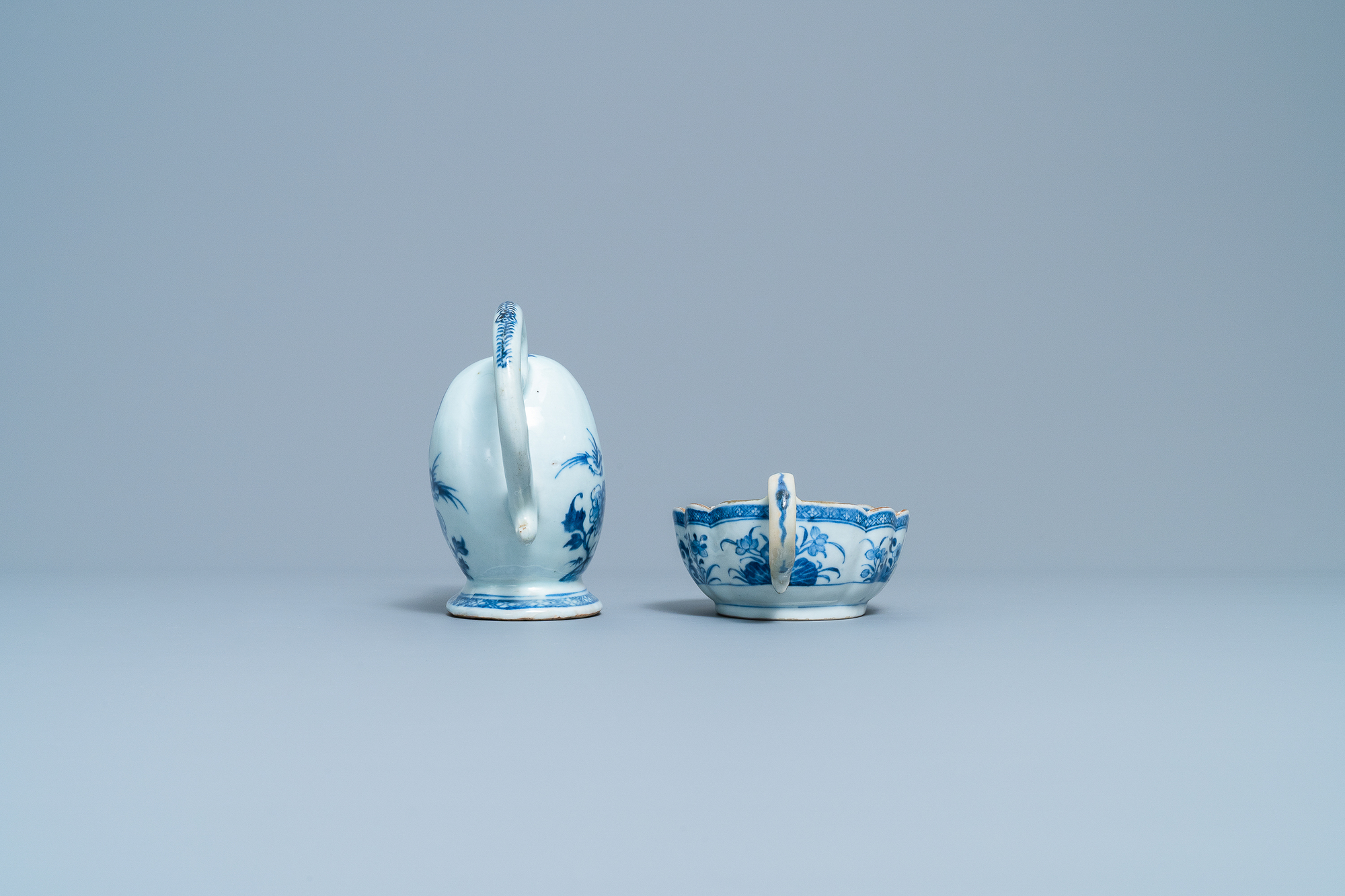 Two Chinese blue and white sauceboats on stands, Qianlong - Image 3 of 10