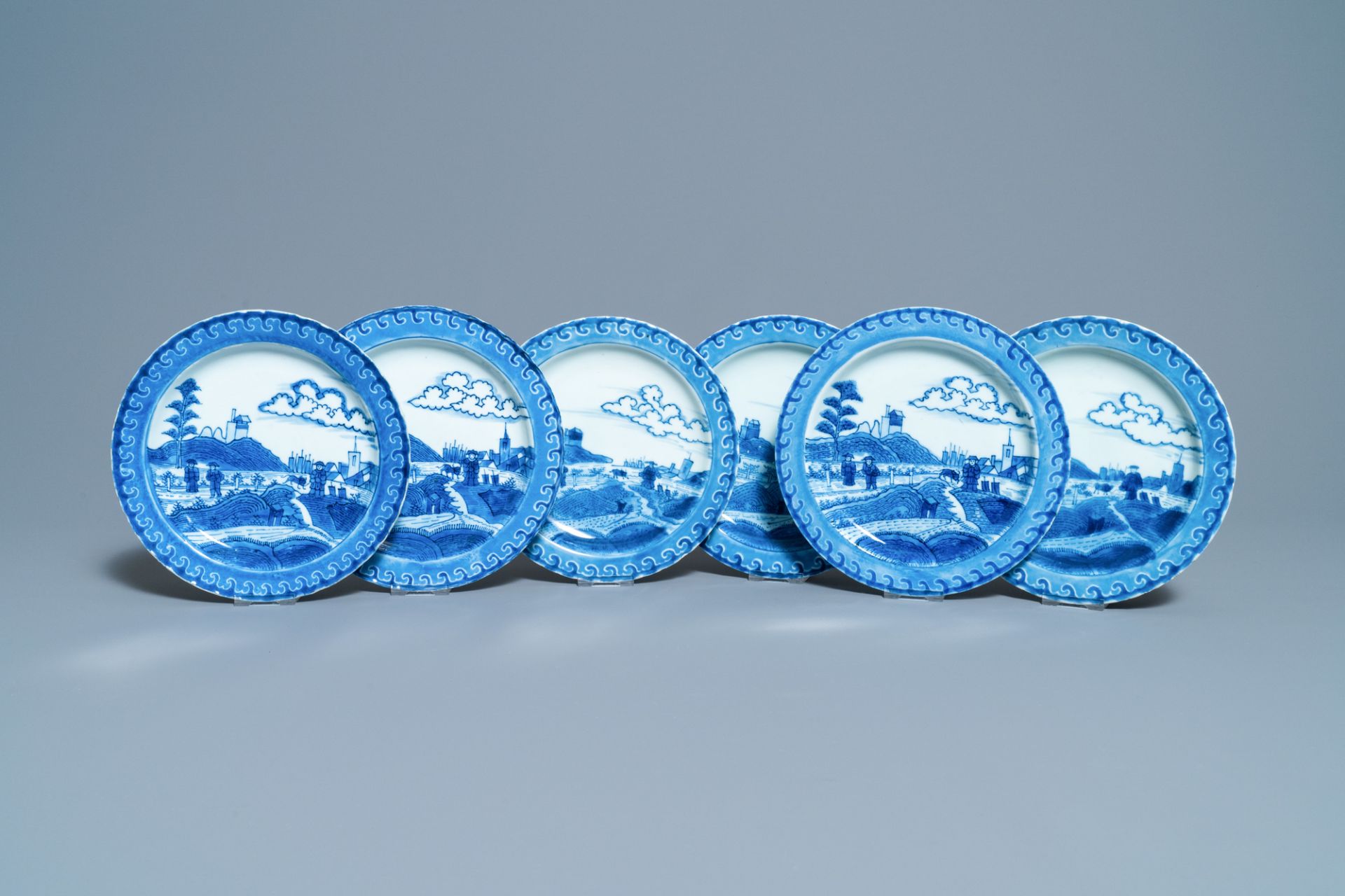 Six Chinese blue and white 'Scheveningen' plates, Kangxi