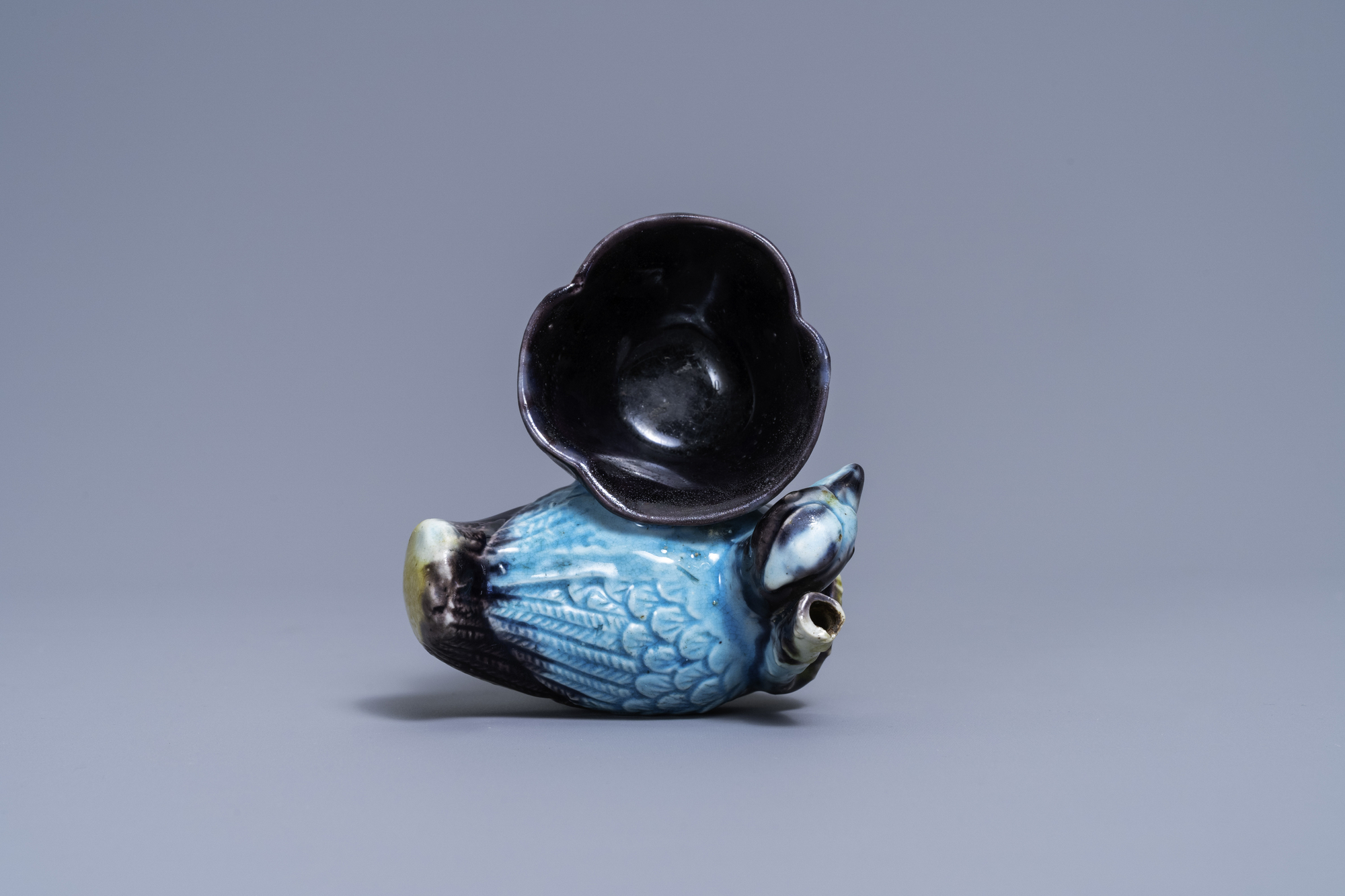 A Chinese aubergine- and turquoise-glazed duck and lotus-shaped water dropper, Kangxi - Image 6 of 7