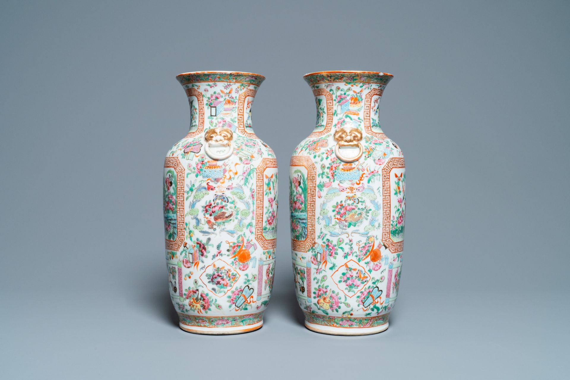 A pair of Chinese Canton famille rose vases, 19th C. - Image 2 of 6