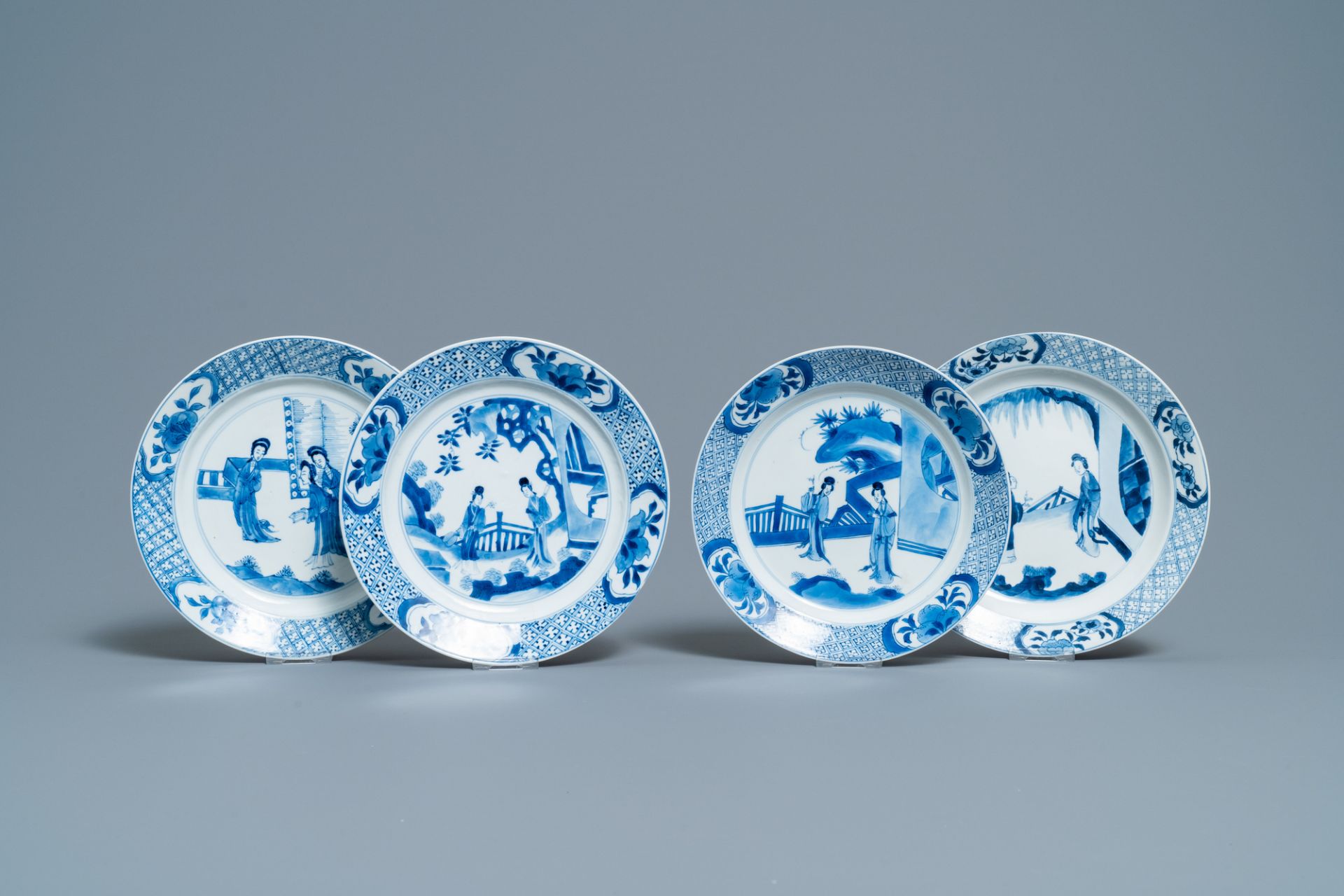 Four Chinese blue and white 'Long Eliza' plates, Kangxi and Jiajing marks, Kangxi