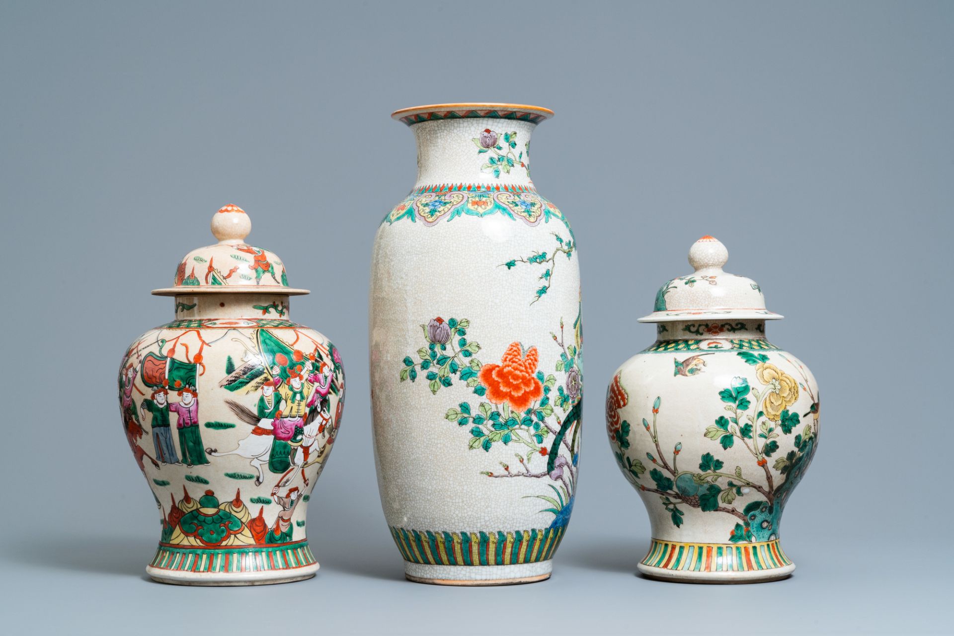 Three Chinese Nanking famille rose and verte crackle-glazed vases, 19/20th C. - Image 2 of 8