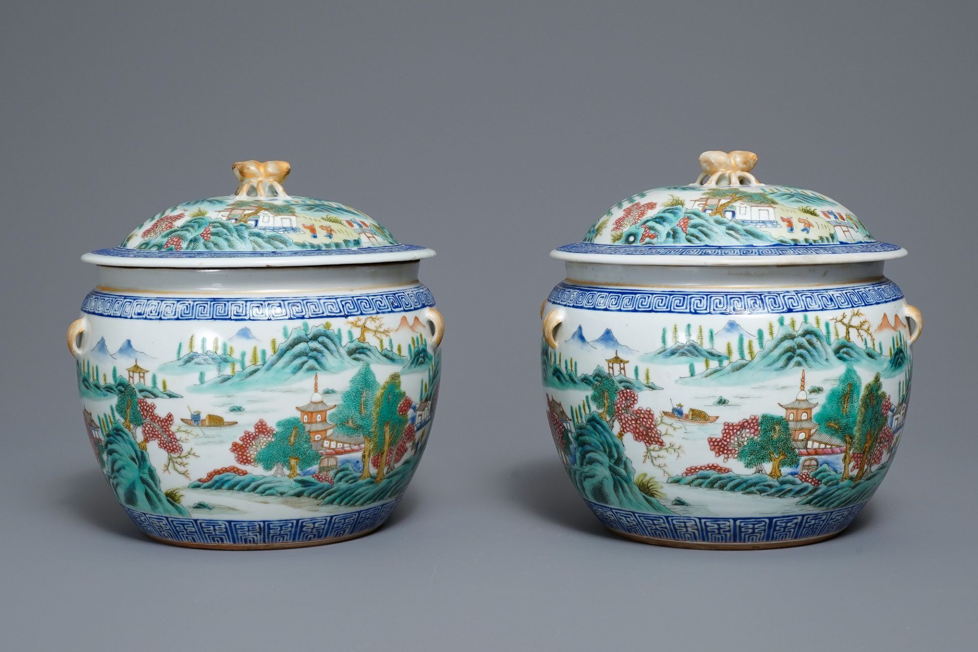 A pair of Chinese famille rose bowls and covers with landscapes, Qianlong mark, Republic - Image 2 of 15