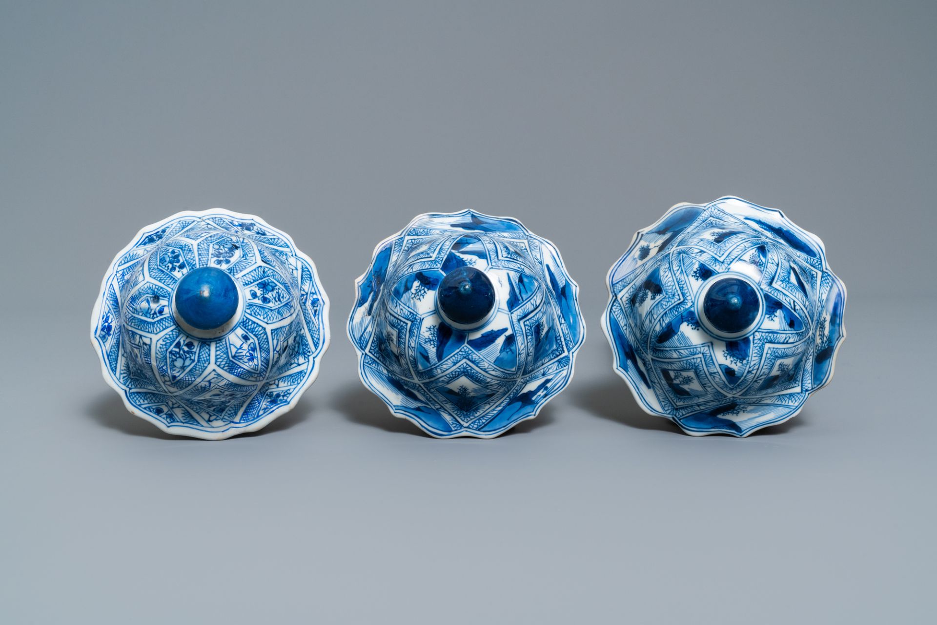 A large Chinese blue and white five-piece garniture with floral and landscape panels, Kangxi - Image 8 of 66