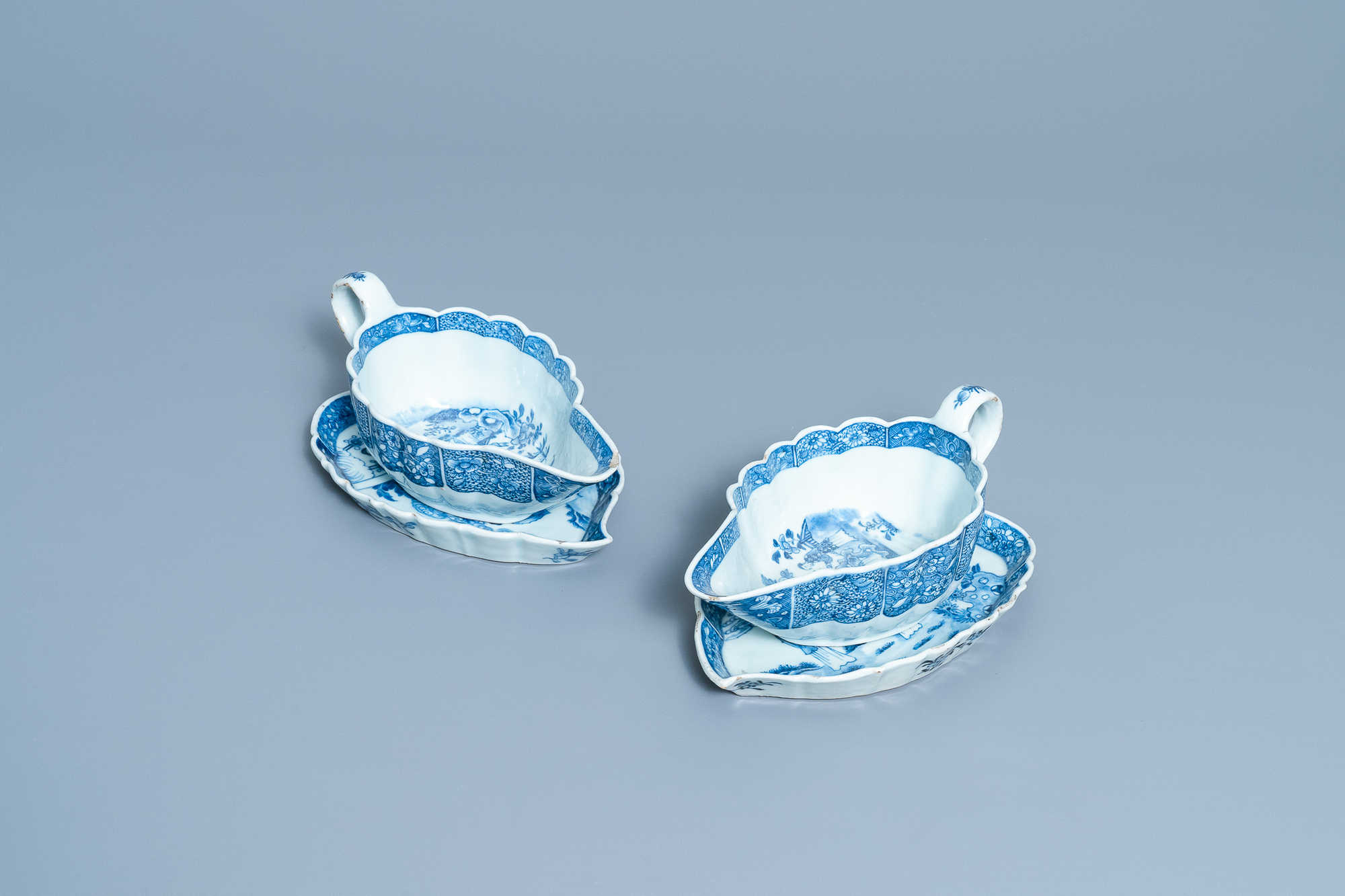 A pair of Chinese blue and white 'Xi Xiang Ji' sauceboats on stand, Qianlong - Image 2 of 10