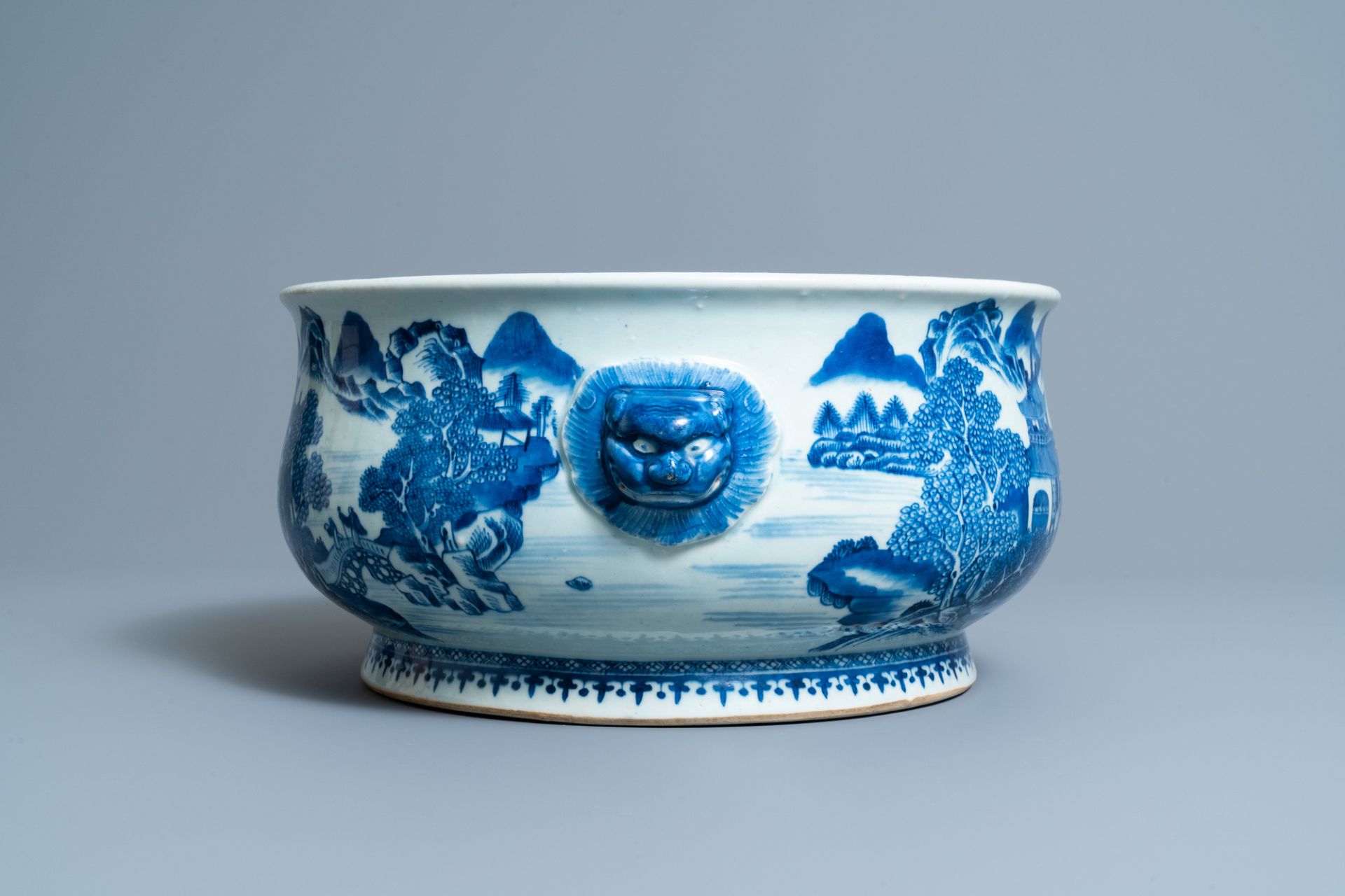 A large Chinese blue and white 'landscape' censer, Qianlong - Image 3 of 7