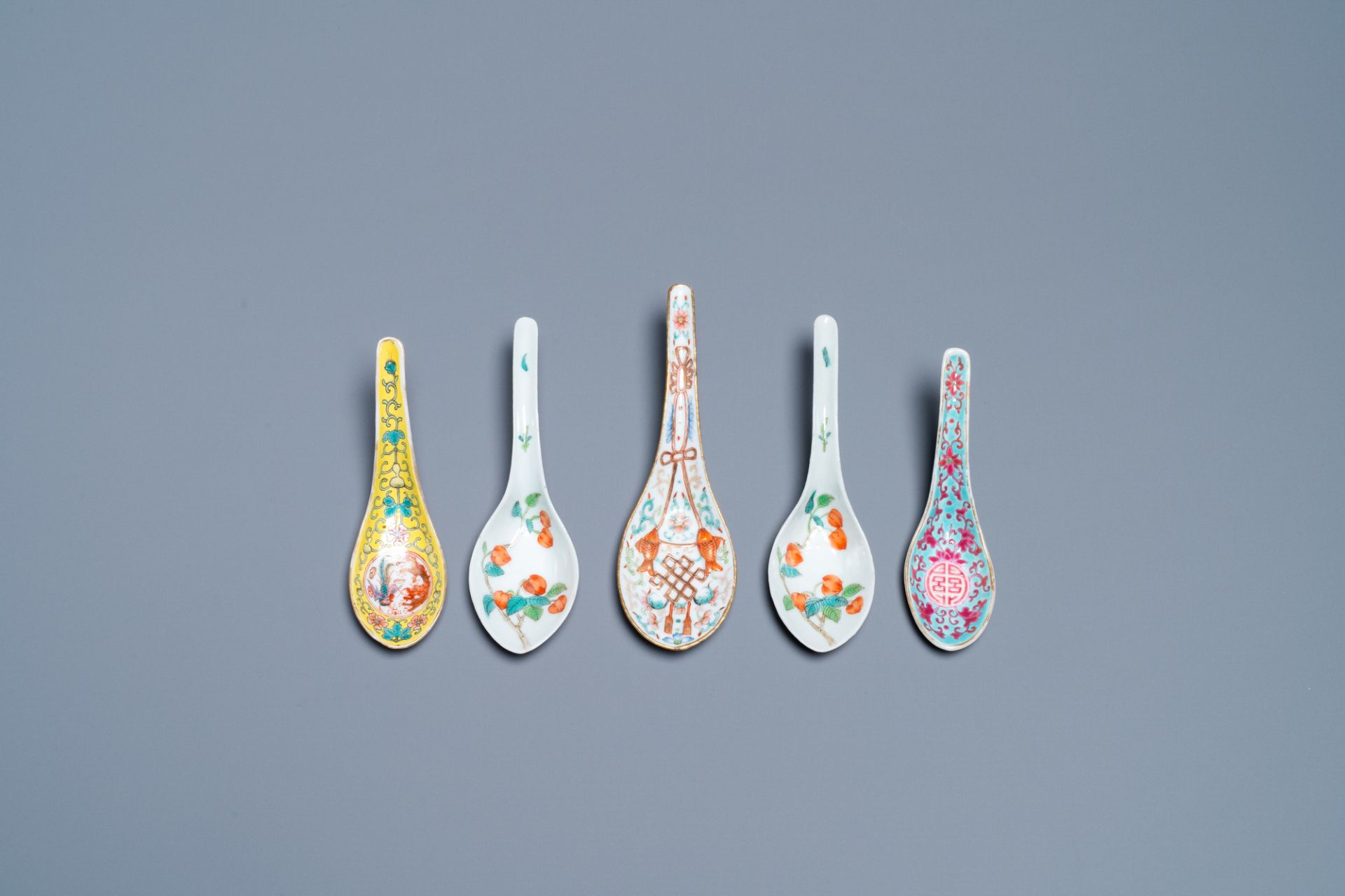 Five Chinese famille rose and polychrome spoons, Jiaqing and Daoguang mark and of the period