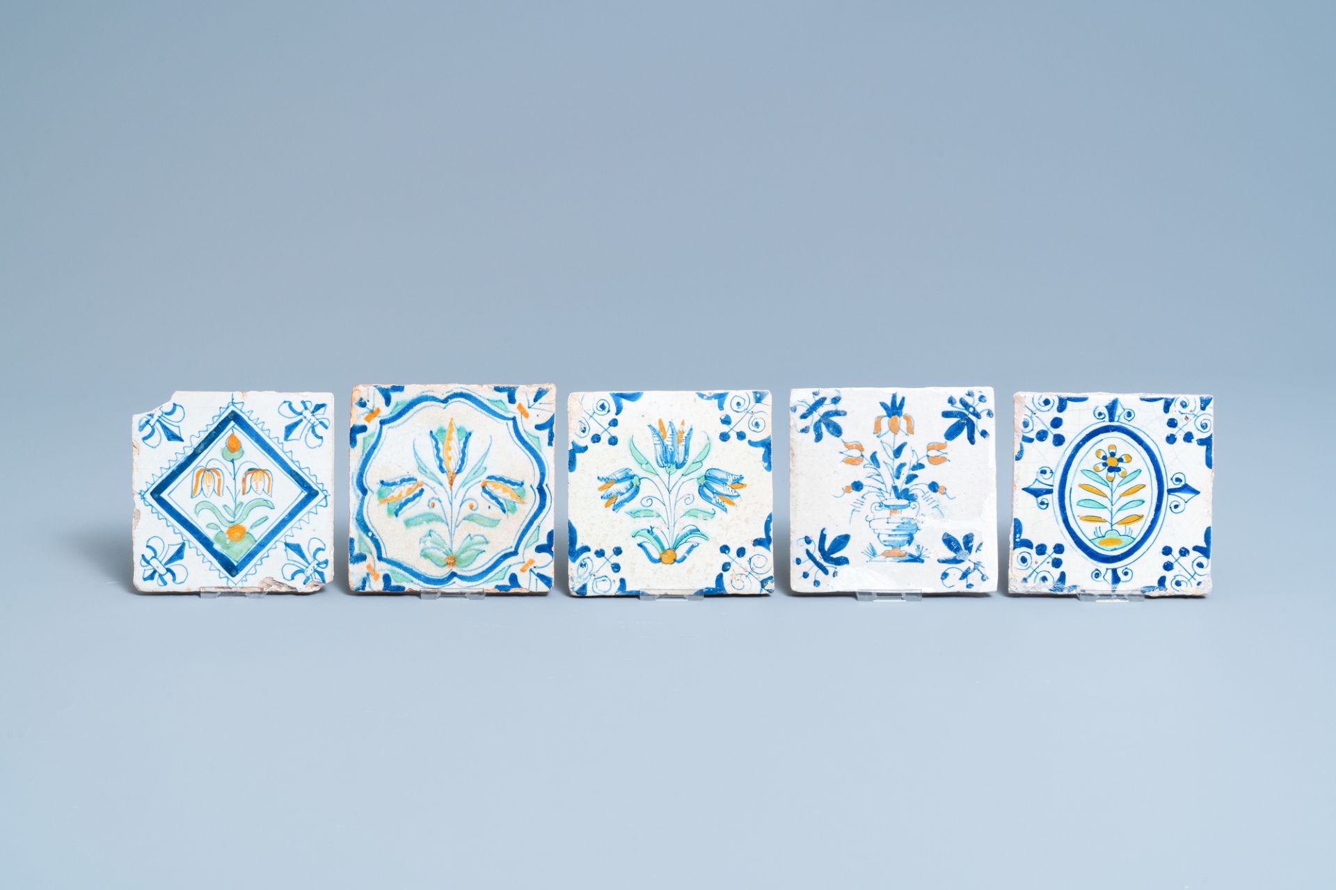 Ten polychrome Dutch Delft tiles with flowers and ornaments, 17th C. - Image 2 of 3