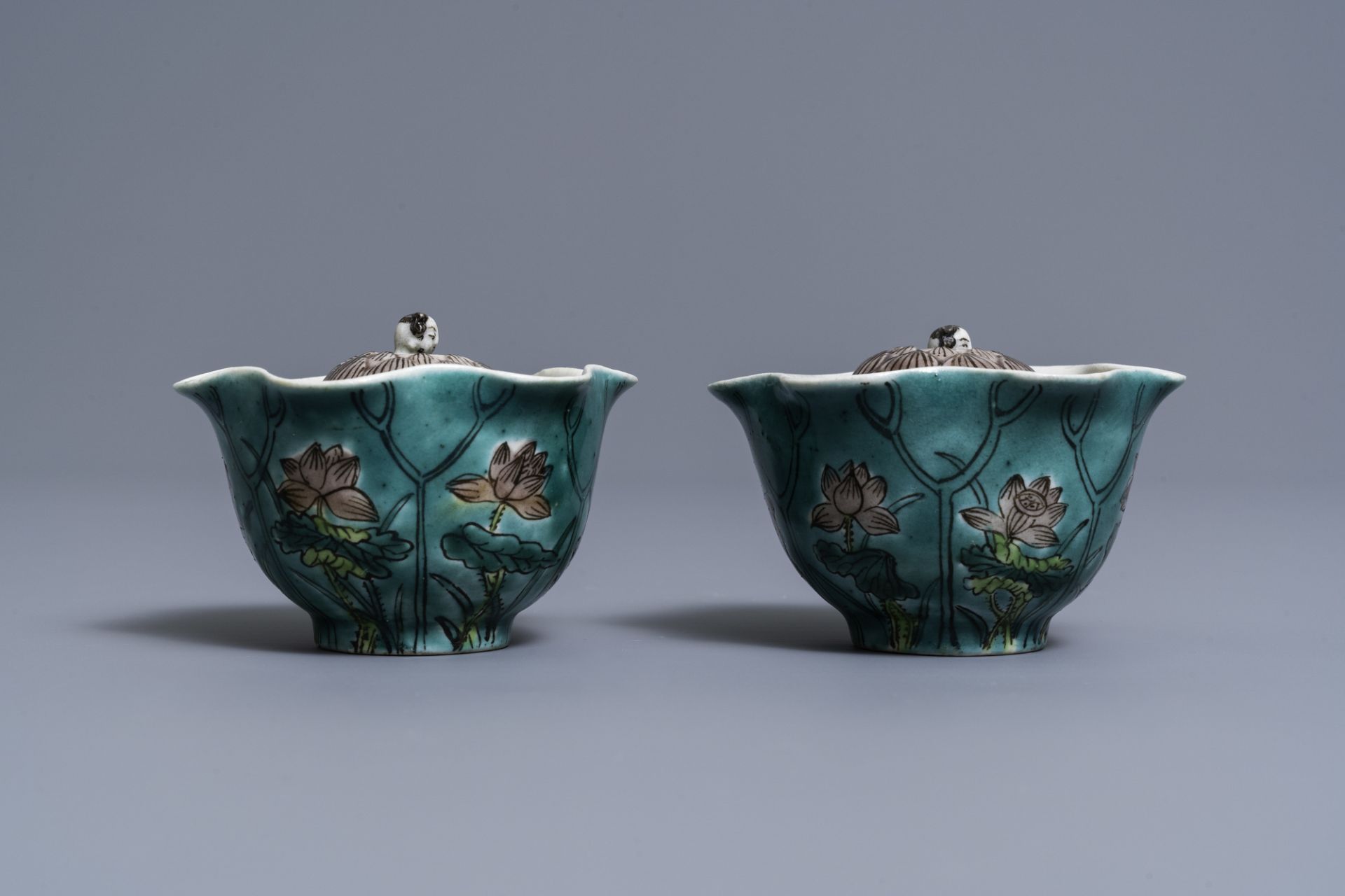 A pair of Chinese verte biscuit lotus-shaped trick cups, 19th C. - Image 3 of 11