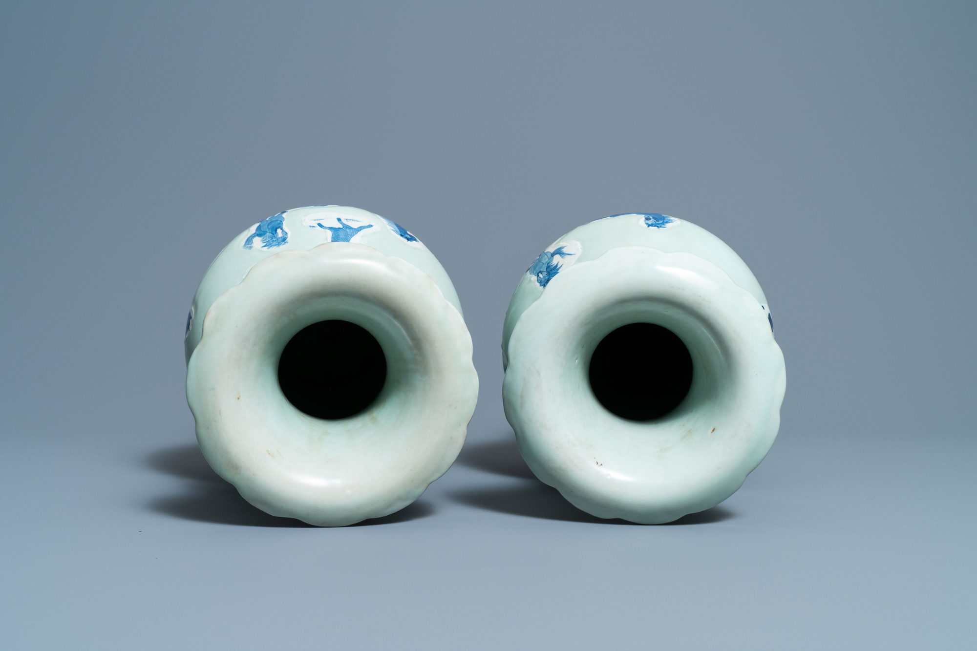 A pair of Chinese blue and white celadon 'horse' vases, 19th C. - Image 5 of 6