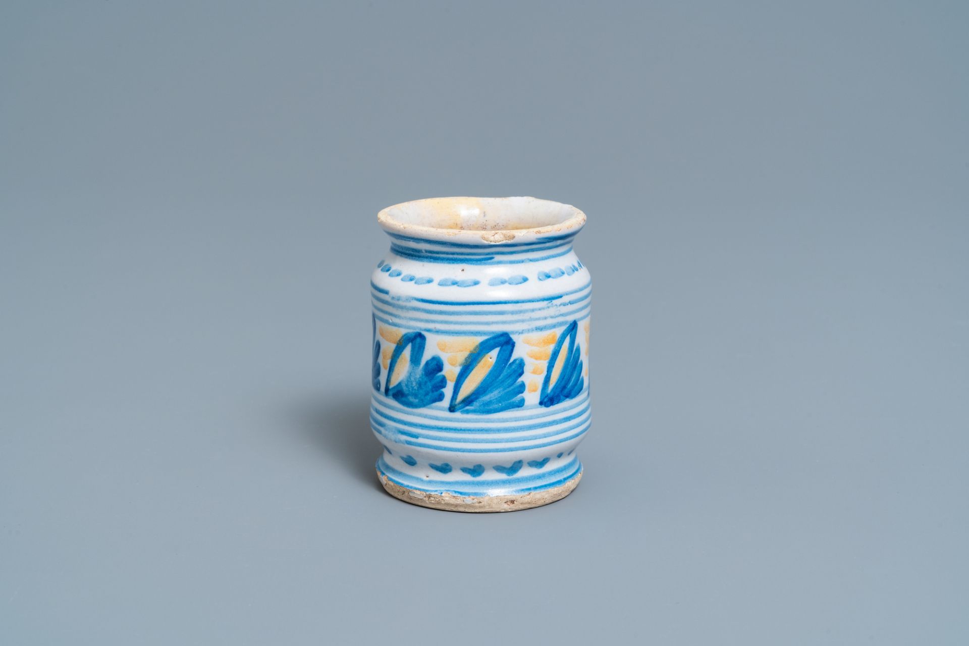 A polychrome maiolica albarello-type ointment jar, Northern Netherlands, ca. 1600