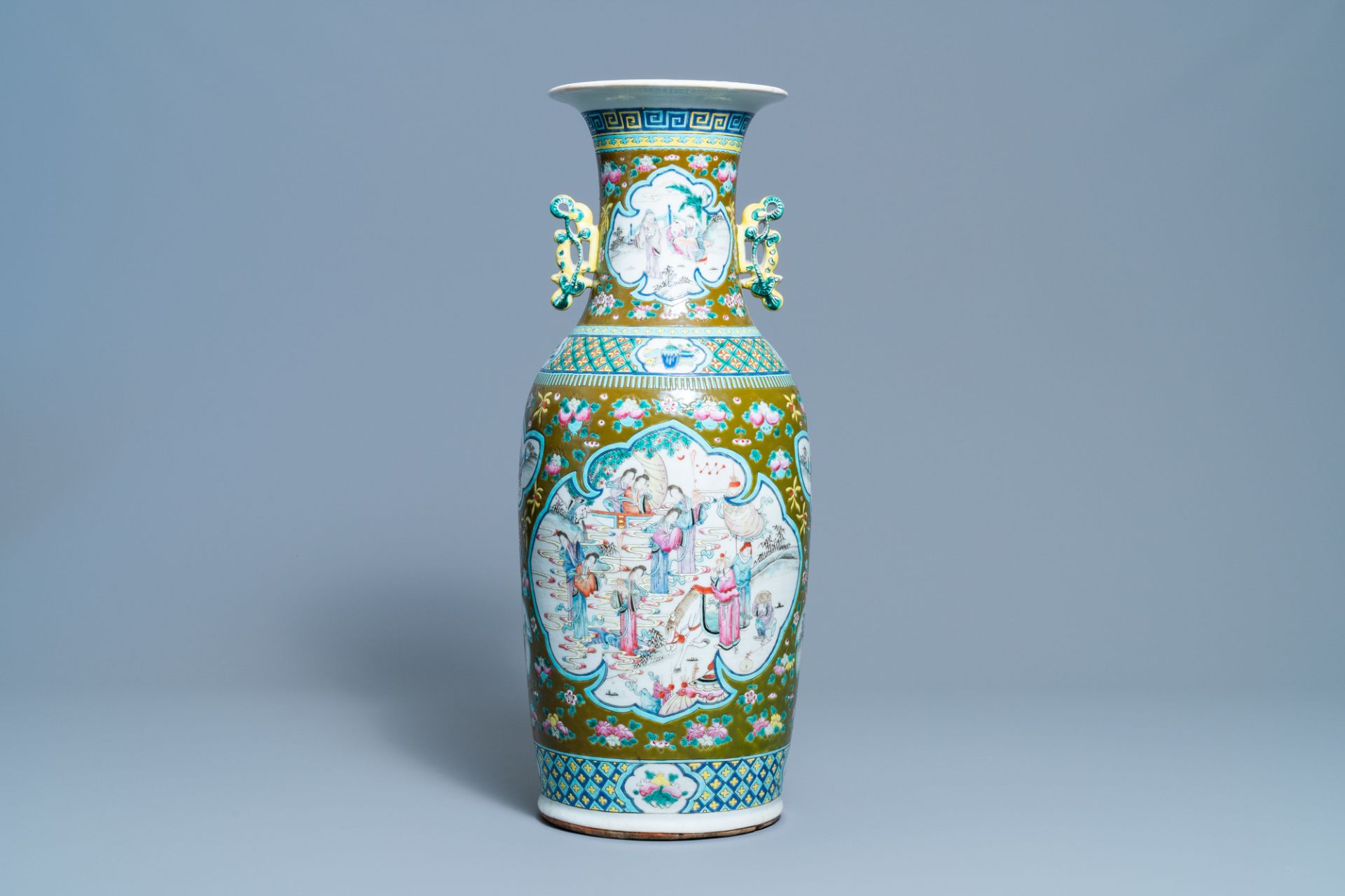 A Chinese brown-ground famille rose vase, 19th C.