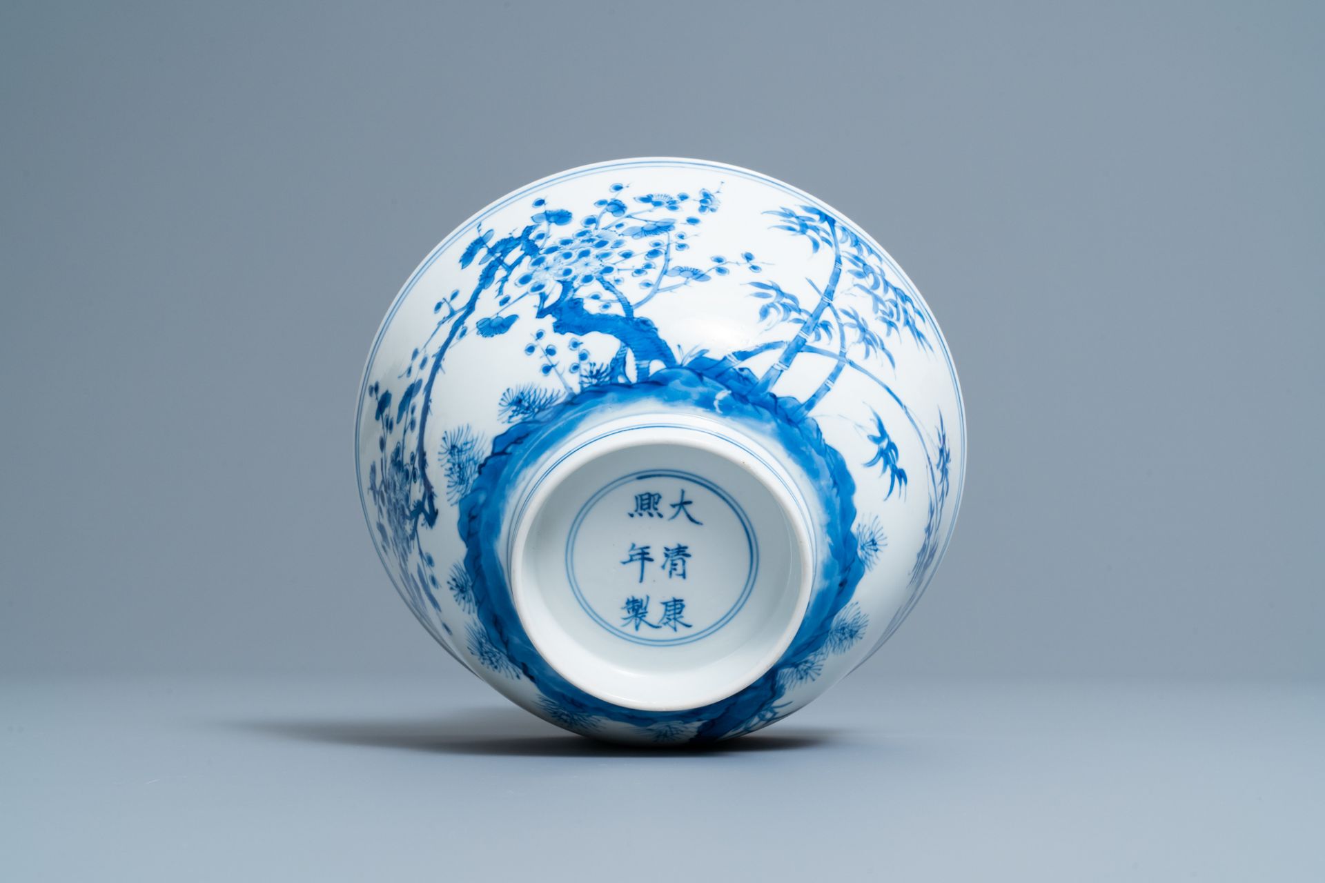 A Chinese blue and white 'Three friends of winter' bowl, Kangxi mark and of the period - Image 7 of 7