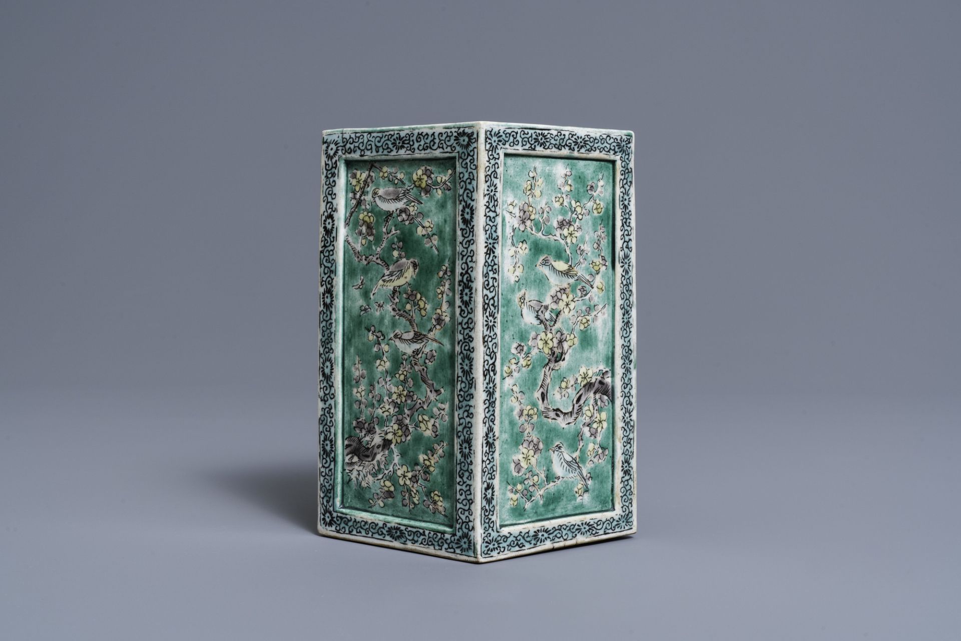 A square Chinese verte biscuit brush pot, Kangxi - Image 2 of 9