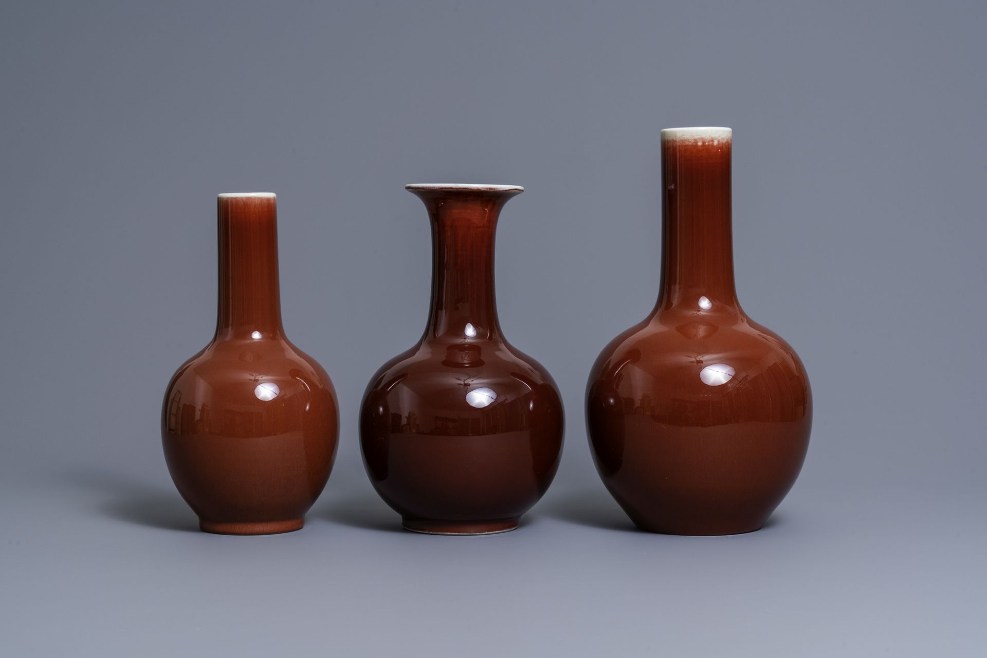 Three Chinese monochrome sang de boeuf-glazed bottle vases, 19/20th C. - Image 5 of 7