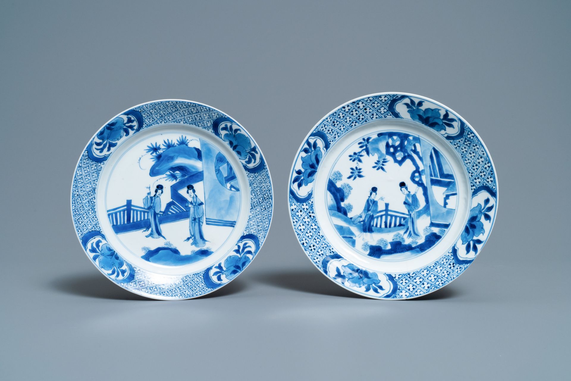 Four Chinese blue and white 'Long Eliza' plates, Kangxi and Jiajing marks, Kangxi - Image 4 of 5