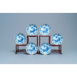Six Chinese blue and white lobed plates with ducks and butterflies, Kangxi