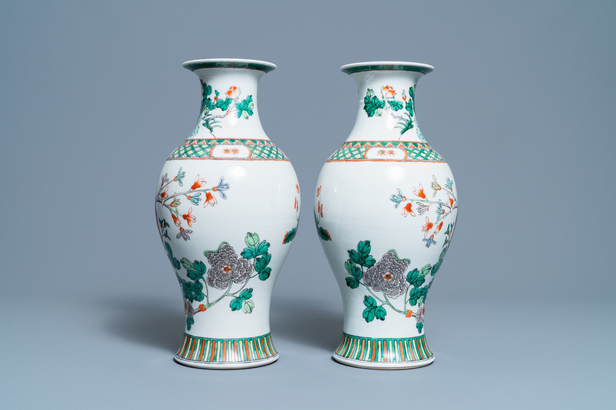 A pair of Chinese famille verte vases with birds among blossoming branches, Republic - Image 2 of 6