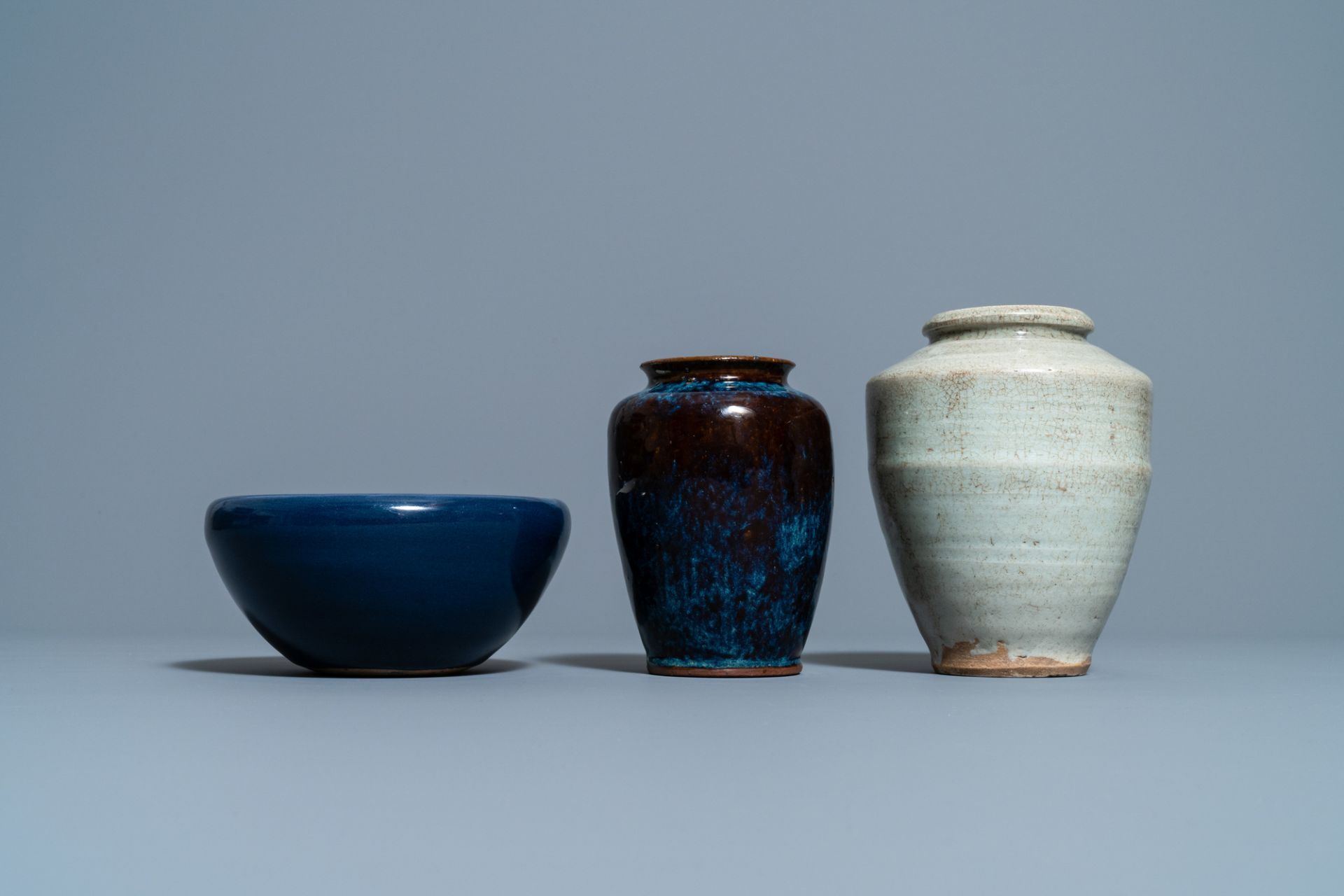 A Chinese flambe-glazed vase, a cream-glazed vase and a blue-glazed censer, Qing - Image 2 of 7