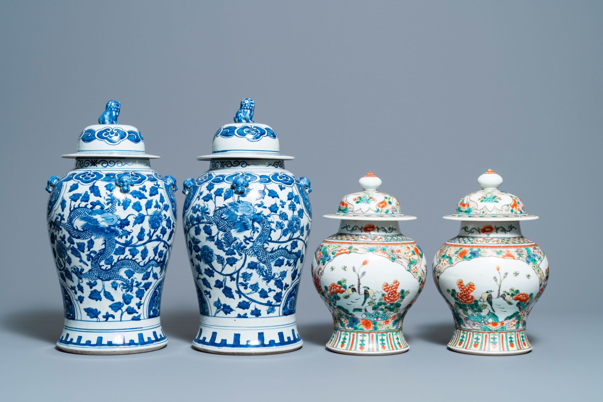 Two pairs of Chinese blue and white and famille verte vases and covers, 19/20th C. - Image 4 of 9