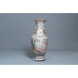 A large Chinese hexagonal famille rose vase, 19th C.