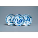 Three Chinese blue and white 'Long Eliza' plates, Jiajing and Xuande marks, Kangxi