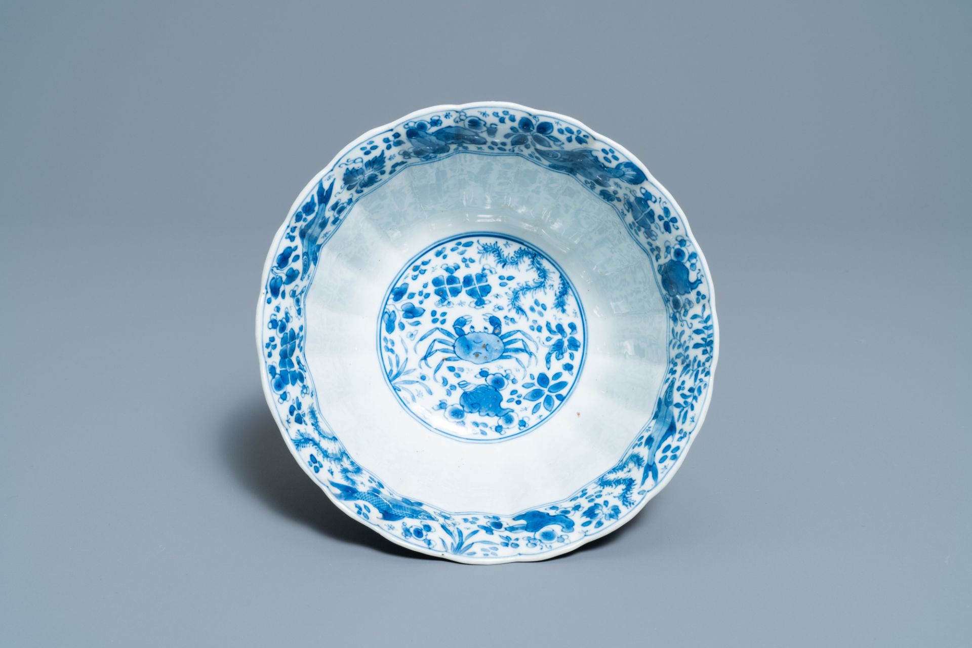 A Chinese blue and white lobed 'carps and crab' bowl, Kangxi - Image 6 of 7