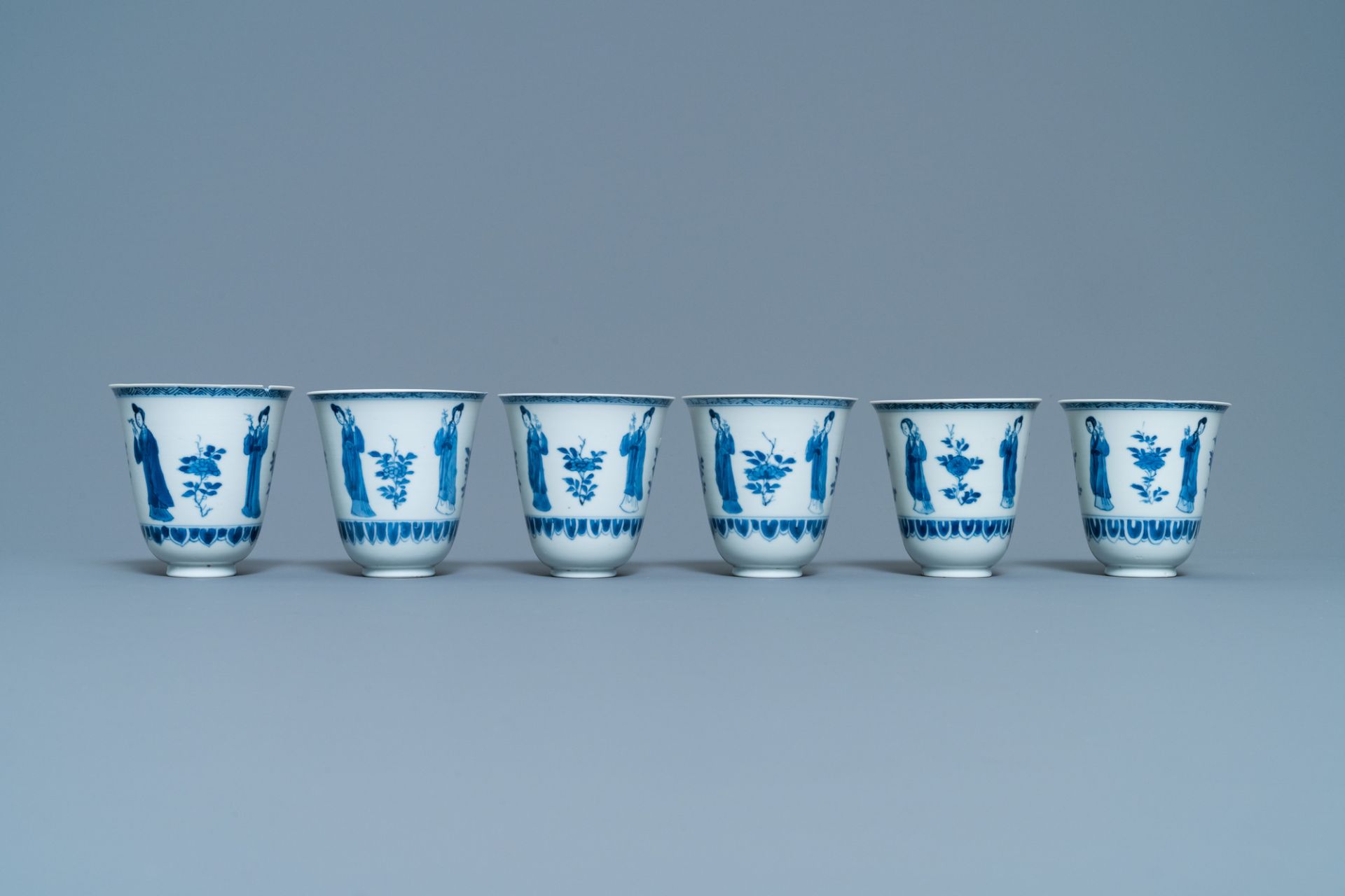 Six large Chinese blue and white cups and five saucers, Yu mark, Kangxi - Image 7 of 11