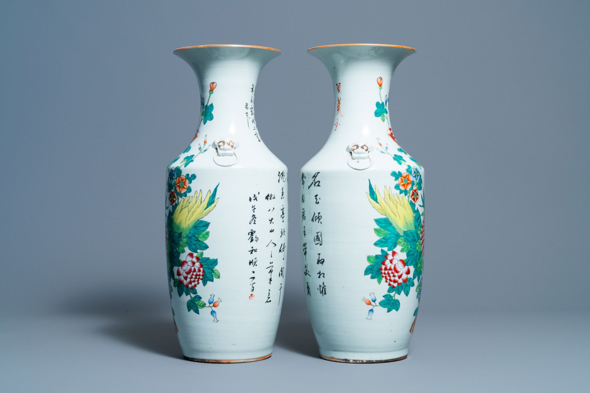 A pair of Chinese famille rose vases with fruits and flowers, 19/20th C. - Image 2 of 6