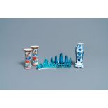 Three Chinese famille rose and blue and white vases and two turquoise brush rests, Kangxi/Qianlong