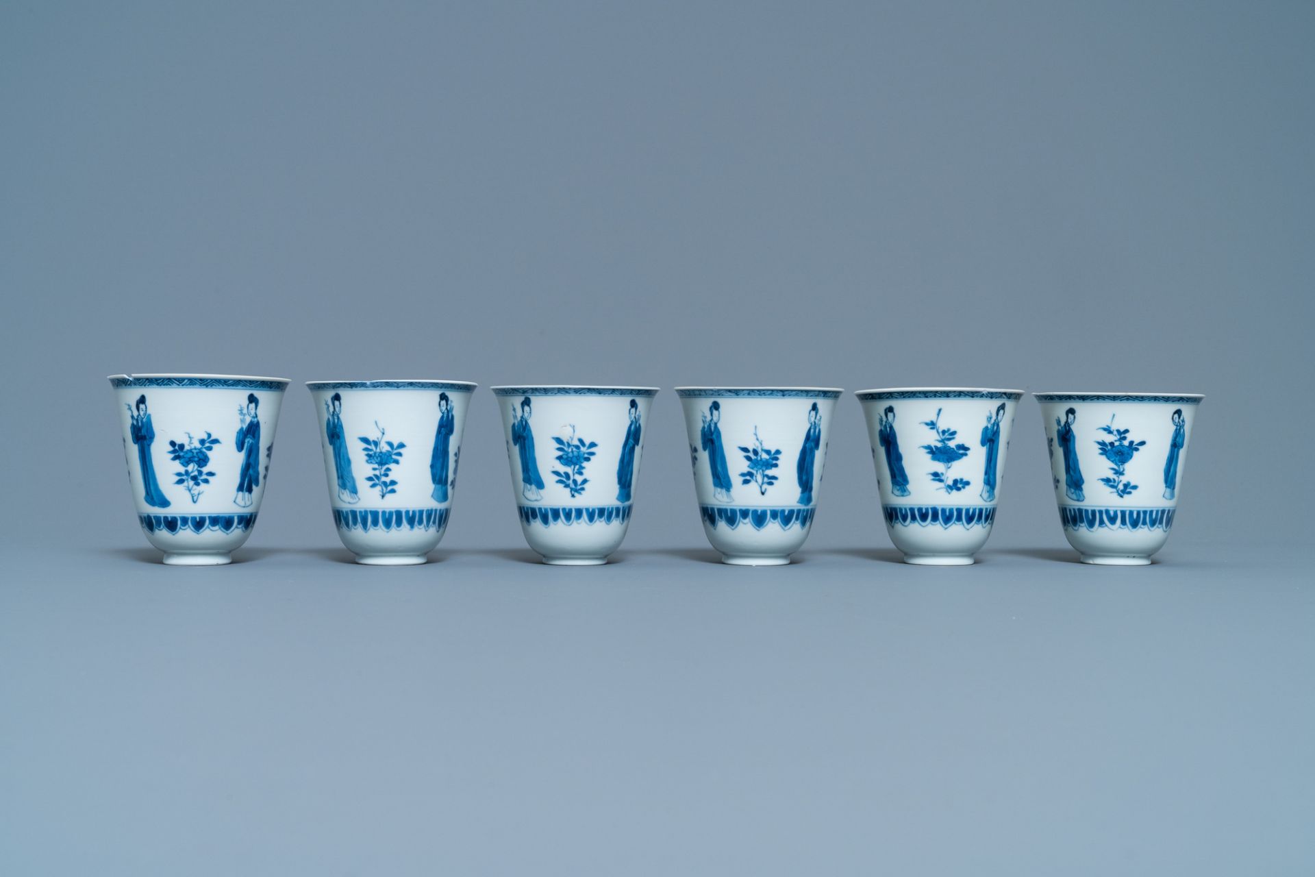 Six large Chinese blue and white cups and five saucers, Yu mark, Kangxi - Image 8 of 11