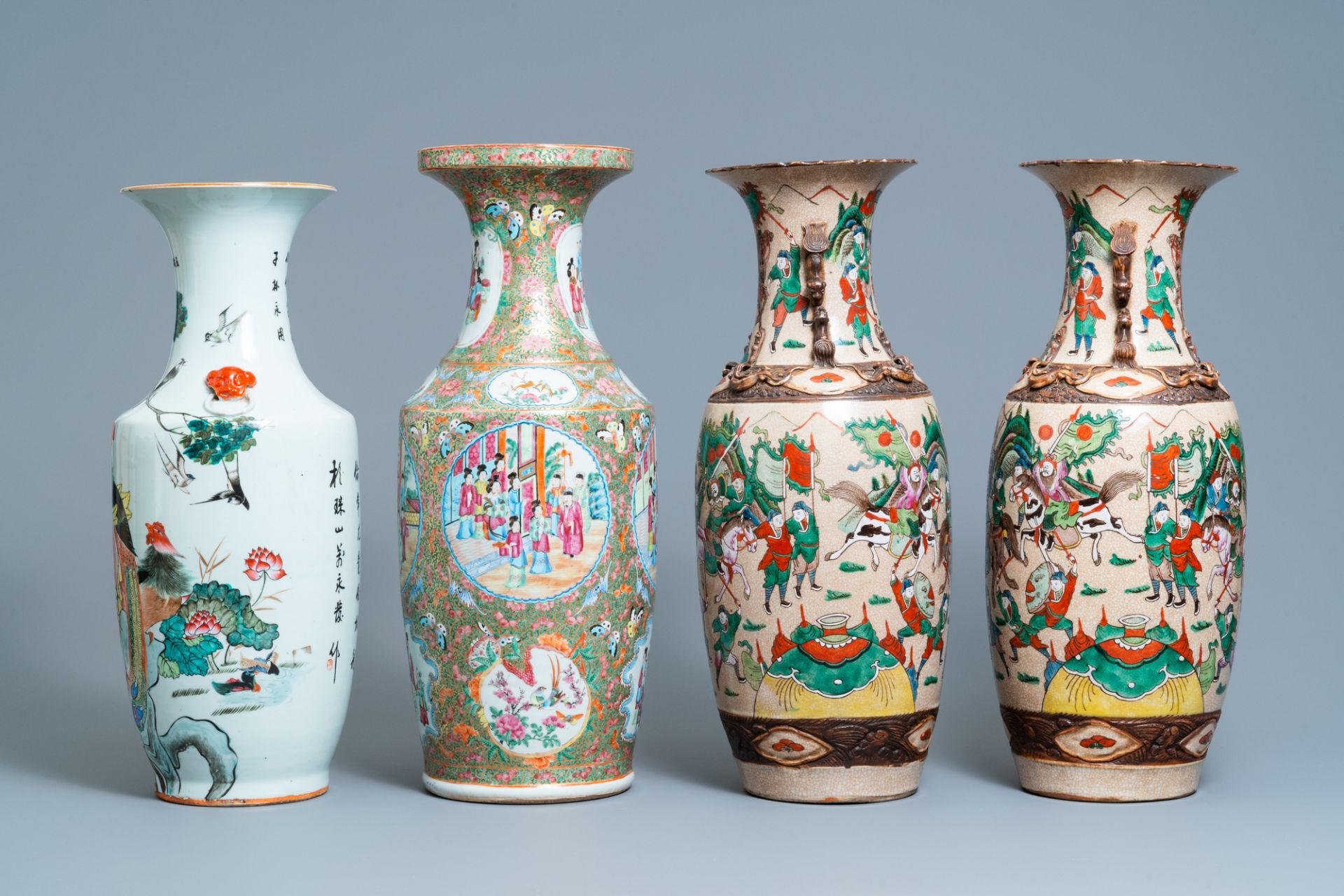 A pair of Chinese Nanking famille rose vases, a Canton vase and a 'phoenixes' vase, 19/20th C. - Image 5 of 9