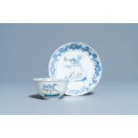 A Chinese blue and white cup and saucer with a design after Cornelis Pronk, Yongzheng/Qianlong