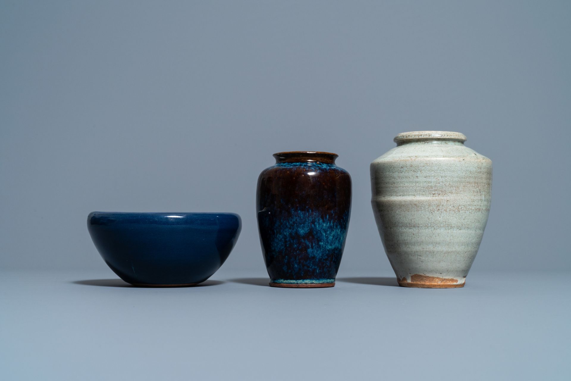 A Chinese flambe-glazed vase, a cream-glazed vase and a blue-glazed censer, Qing - Image 4 of 7