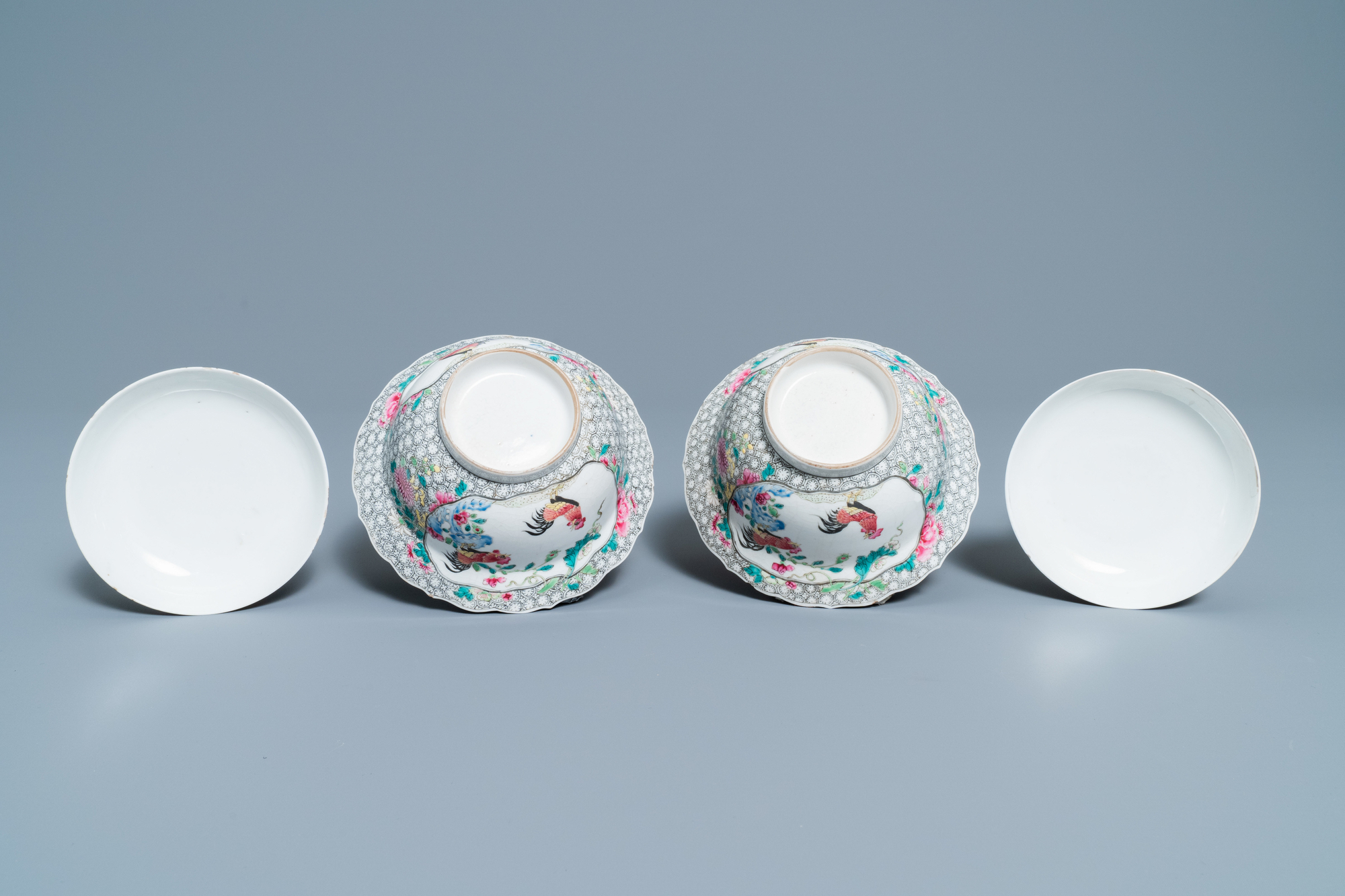 A pair of Chinese famille rose 'rooster' bowls and covers, Yongzheng - Image 7 of 7