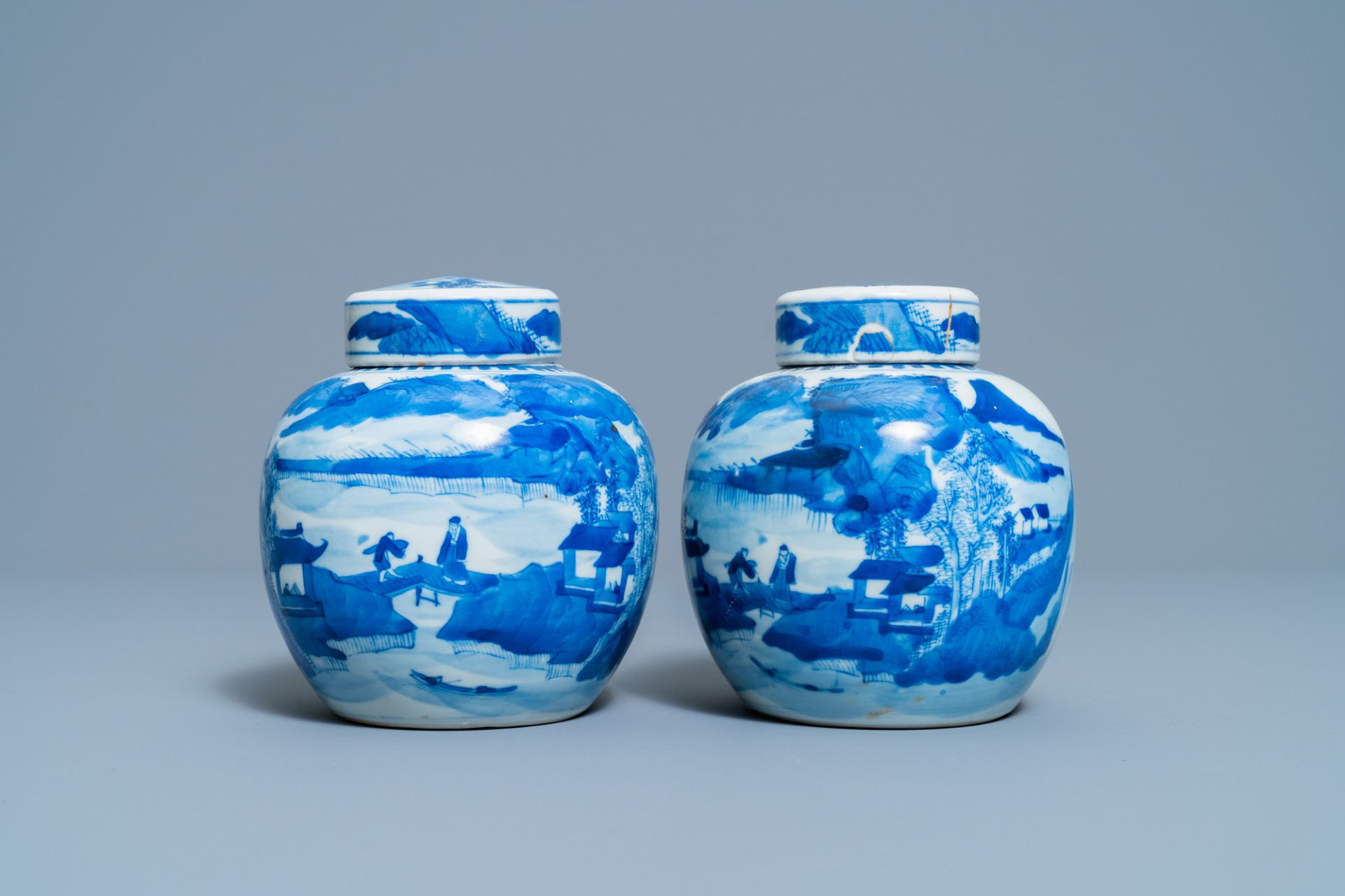 A pair of Chinese blue and white covered jars and a pair of famille rose vases, 19th C. - Image 8 of 13